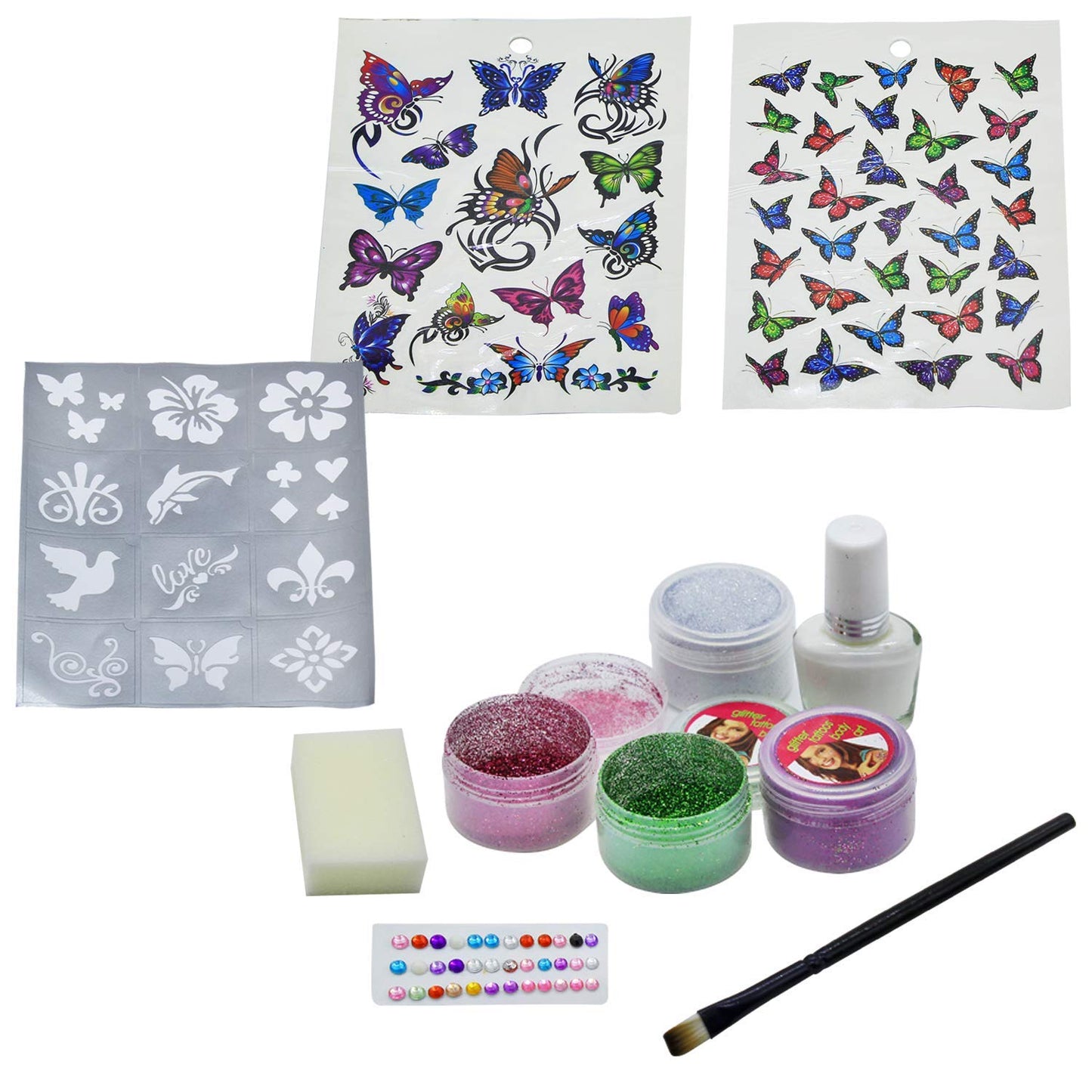 litter Tattoos Body Art Kit, with 100 Temporary Tattoos, Stencils, Cosmetic Glitter Pots, Body Jewels, for Teens and Adults