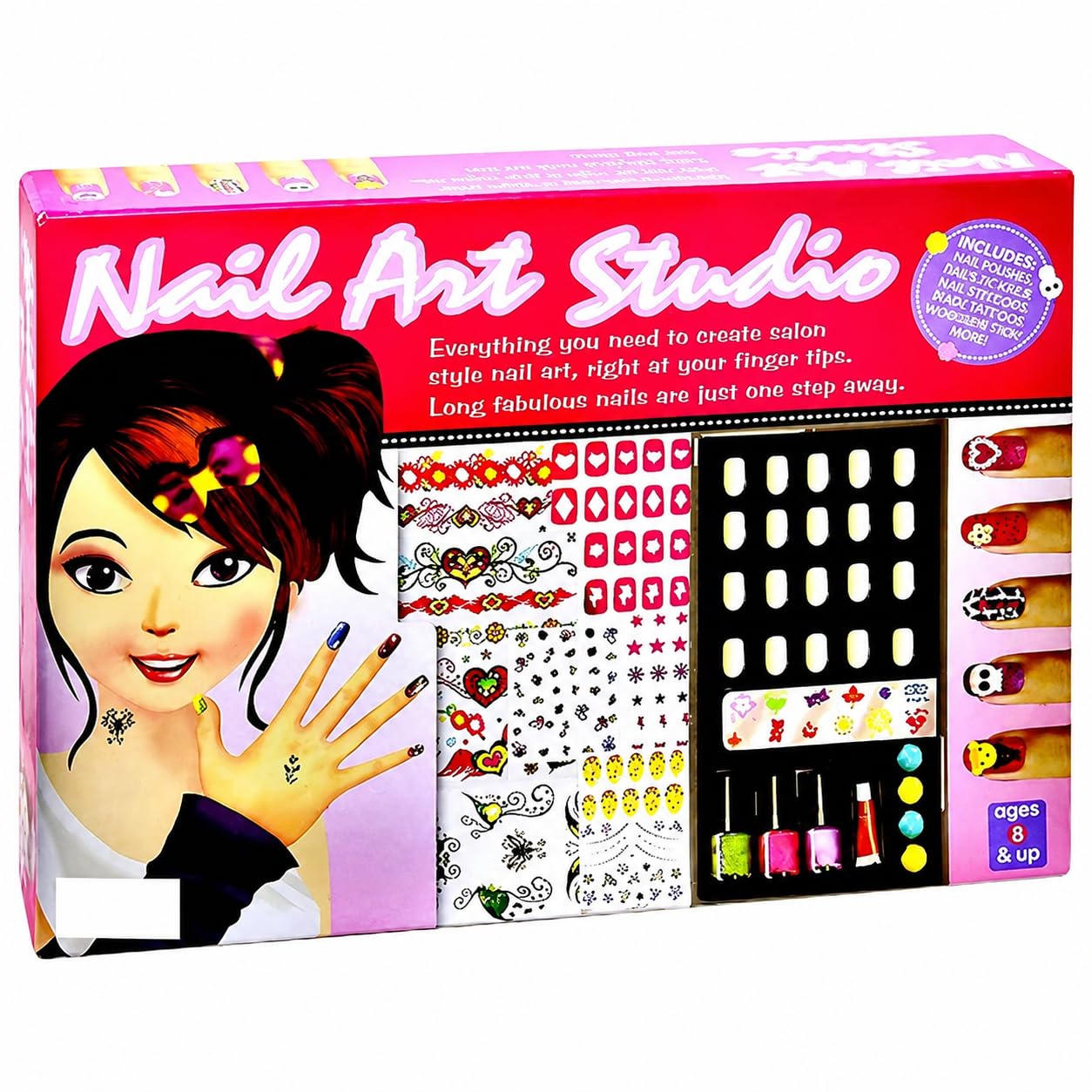 Nail Art Studio Kit for Girls | DIY Nail Polish Set with Artificial Nails, Nail Stickers, Glitter, Nail Tattoos & Decorative Accessories | Beauty Salon Pretend Play Gift Toy for Kids Age 8+
