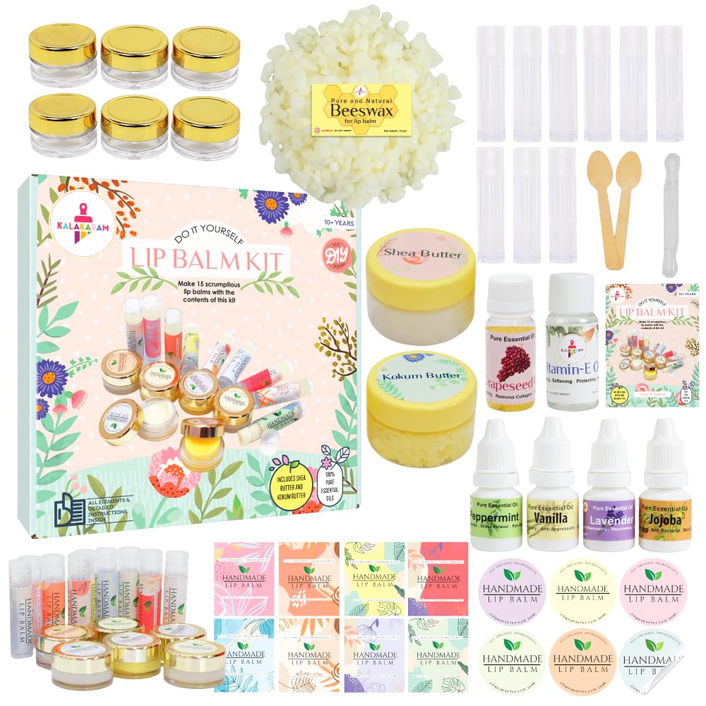 Kalakaram DIY Lip Balm Making Kit - Make 15 Lip Balms with Shea & Kukum Butter, Beeswax, Vitamin E Oil, Grapeseed & Essential Oils, DIY Activity Kit for Kids & Craft Kit for Girls 9-12