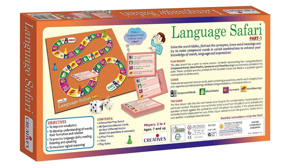 Creative's Language Safari Part-1, Vocabulary Educational Board Games, Word Meanings Synonyms, Compound Words Riddles, 90 Cards 720 Questions, Educational English Language Skills, Ages 7+