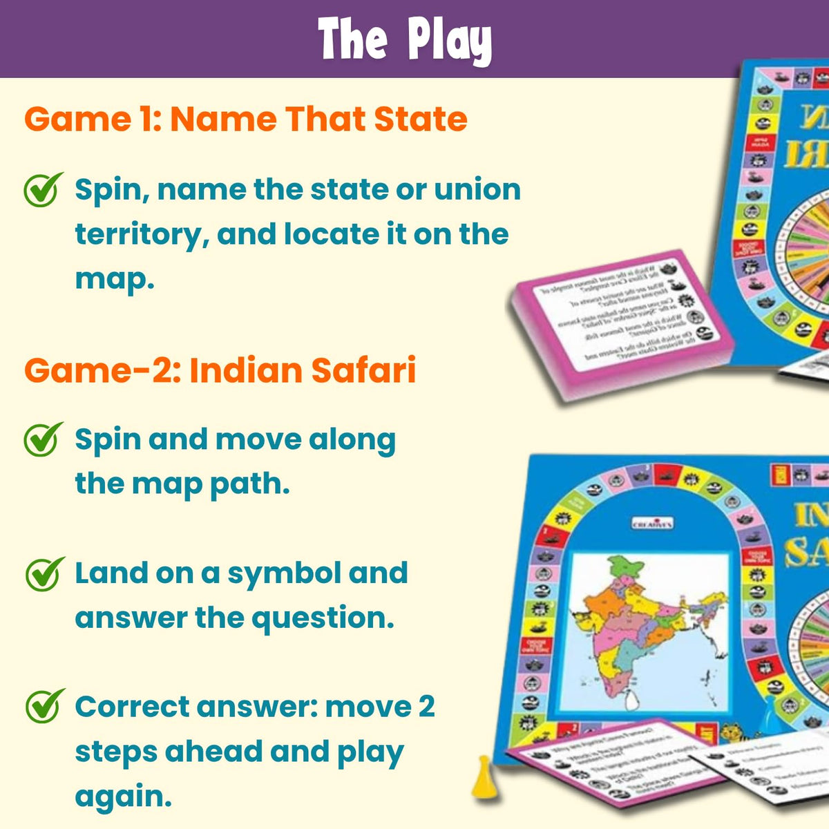 Creative's Indian Safari, Educational Geography Board Games, India Map, States, Capitals & General Knowledge Quiz Game, 450 Questions & Answers, Family Learning Game, 2-6 Players for Kids Age 9+