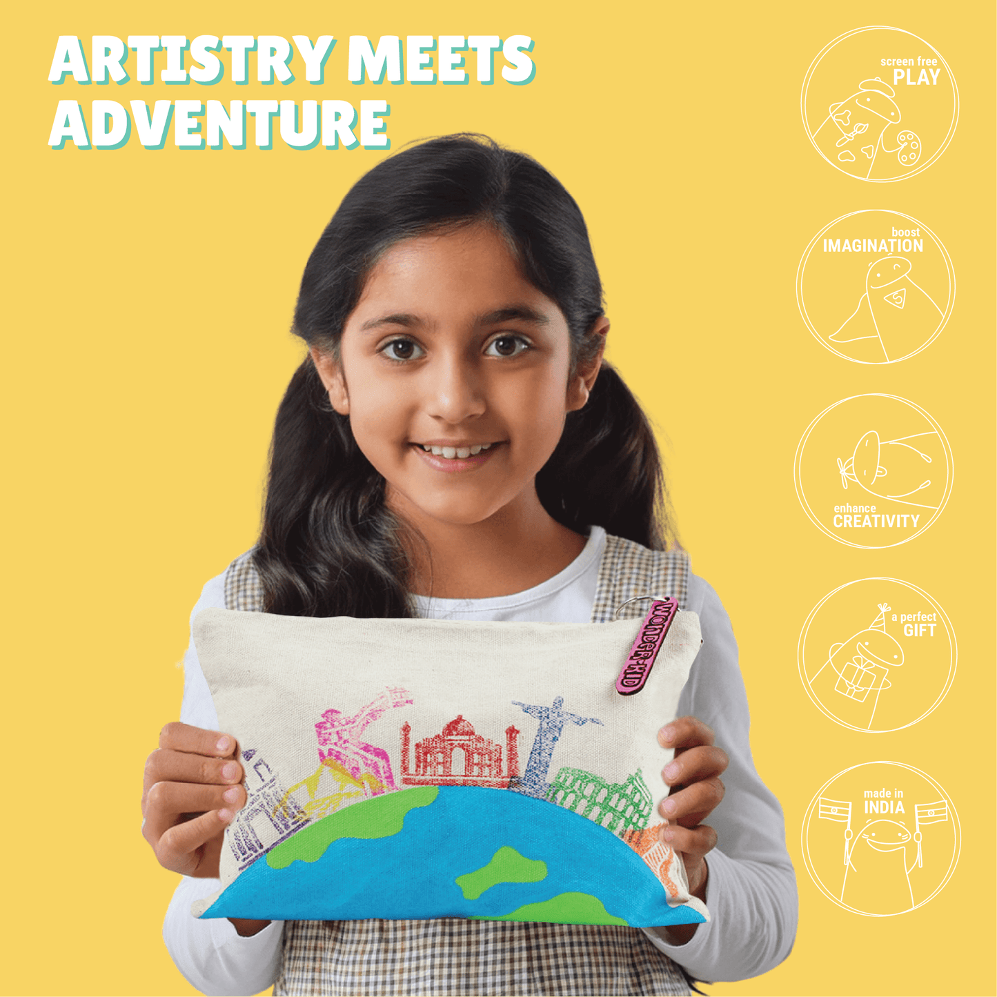 7 Wonders Block Painting Canvas Pouch Activity Kit  | STEM Learning | Decorative Craft | Age: 9-12 Years