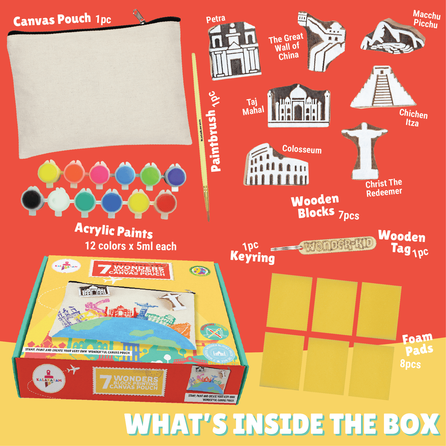 7 Wonders Block Painting Canvas Pouch Activity Kit  | STEM Learning | Decorative Craft | Age: 9-12 Years