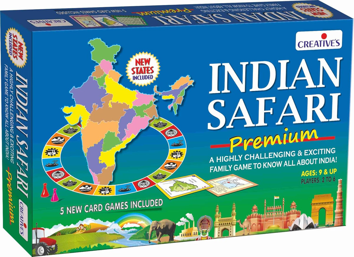 Creative's इंडियन सफारी प्रीमियम, फैमिली बोर्ड गेम, 5 कार्ड गेम, 840 क्यू एंड ए, स्टेट्स कैपिटल कल्चर स्मारक, नए राज्य शामिल हैं, बच्चों के लिए शैक्षिक भूगोल खेल, 2-6 खिलाड़ी, उम्र 9 और उससे अधिक