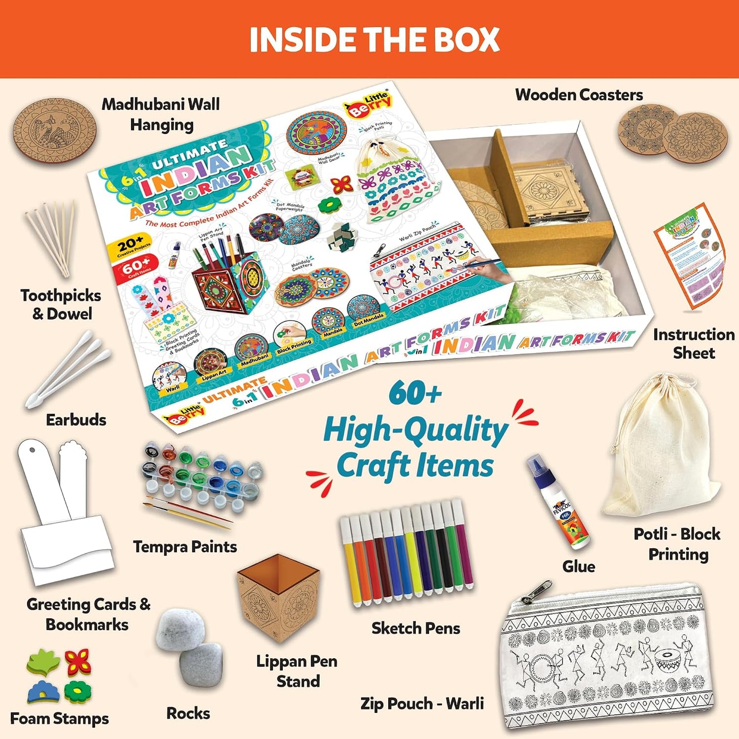 Little Berry Indian Art Forms Kits | Paper, Wood Ultimate 6 in 1 DIY Art & Craft Kit for Kids | Create 20+ Projects | Learn Lippan, Warli, Block Printing, Mandala & Madhubani Painting Kit | DIY Toys