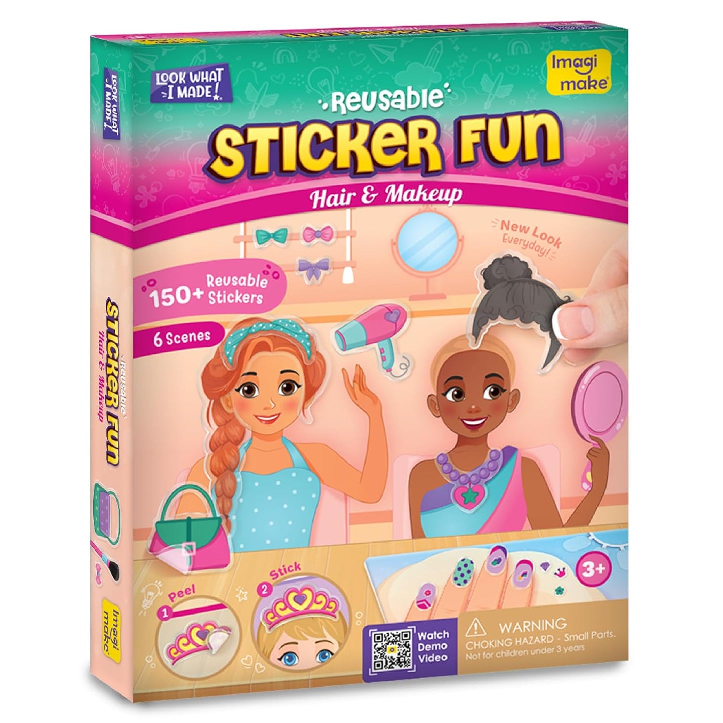 Imagimake Reusable Sticker Hair & Makeup | Pretend Play for Girls | Age 3+ | 150+ waterproof reusable stickers & 6 salon scenes; mess-free hair, makeup & nail styling—perfect travel activity