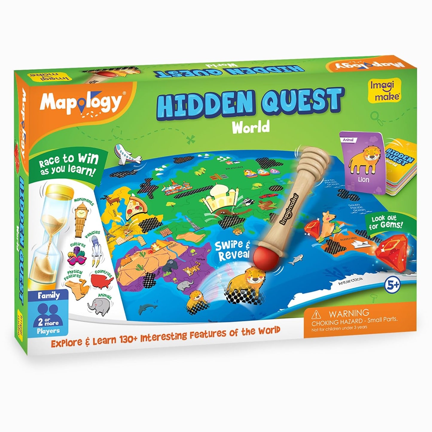Imagimake Mapology Hidden Quest World Map | Educational Game Age 5+ | World map board game: 110 cards, 40+ swipe & reveal magic patches, super swiper, timer & gems; learn 130+ world features