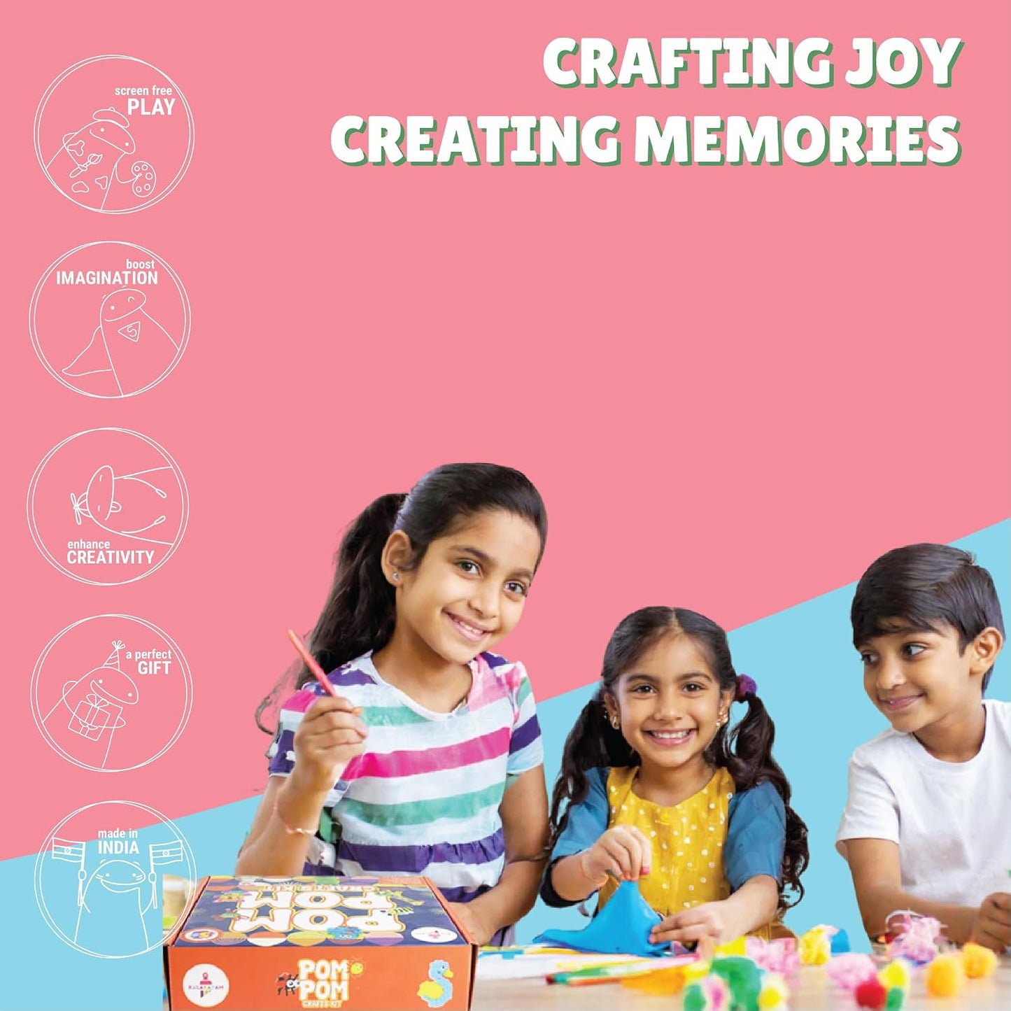 Kalakaram Pom Pom Crafts किट, बच्चों के लिए DIY फन एक्टिविटी, बच्चों के लिए DIY हॉबी क्राफ्ट्स, बच्चों के लिए DIY हॉबी क्राफ्ट्स, पोम पोम एक्टिविटी किट, बच्चों के लिए मल्टी कलर, आर्ट क्राफ्ट किट, 270