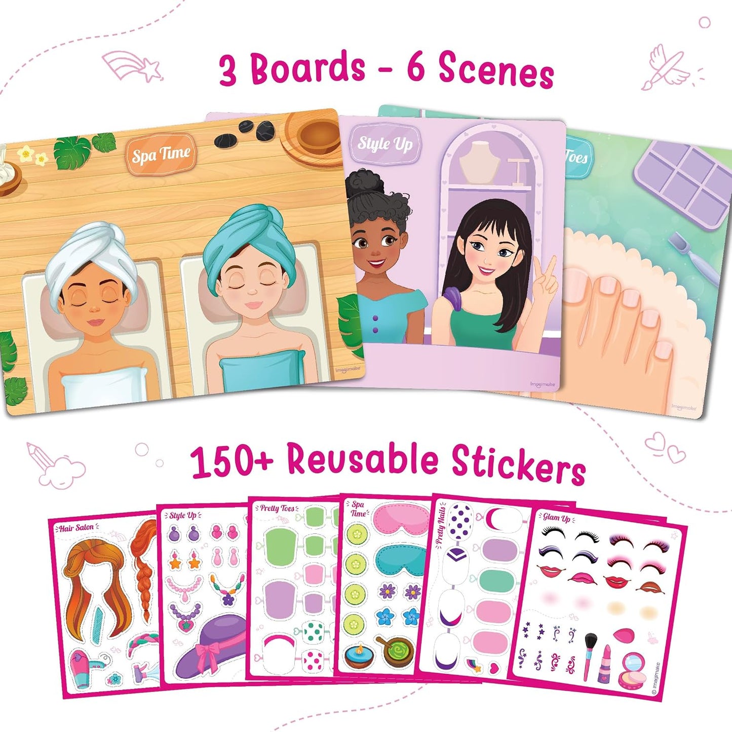 Imagimake Reusable Sticker Hair & Makeup | Pretend Play for Girls | Age 3+ | 150+ waterproof reusable stickers & 6 salon scenes; mess-free hair, makeup & nail styling—perfect travel activity