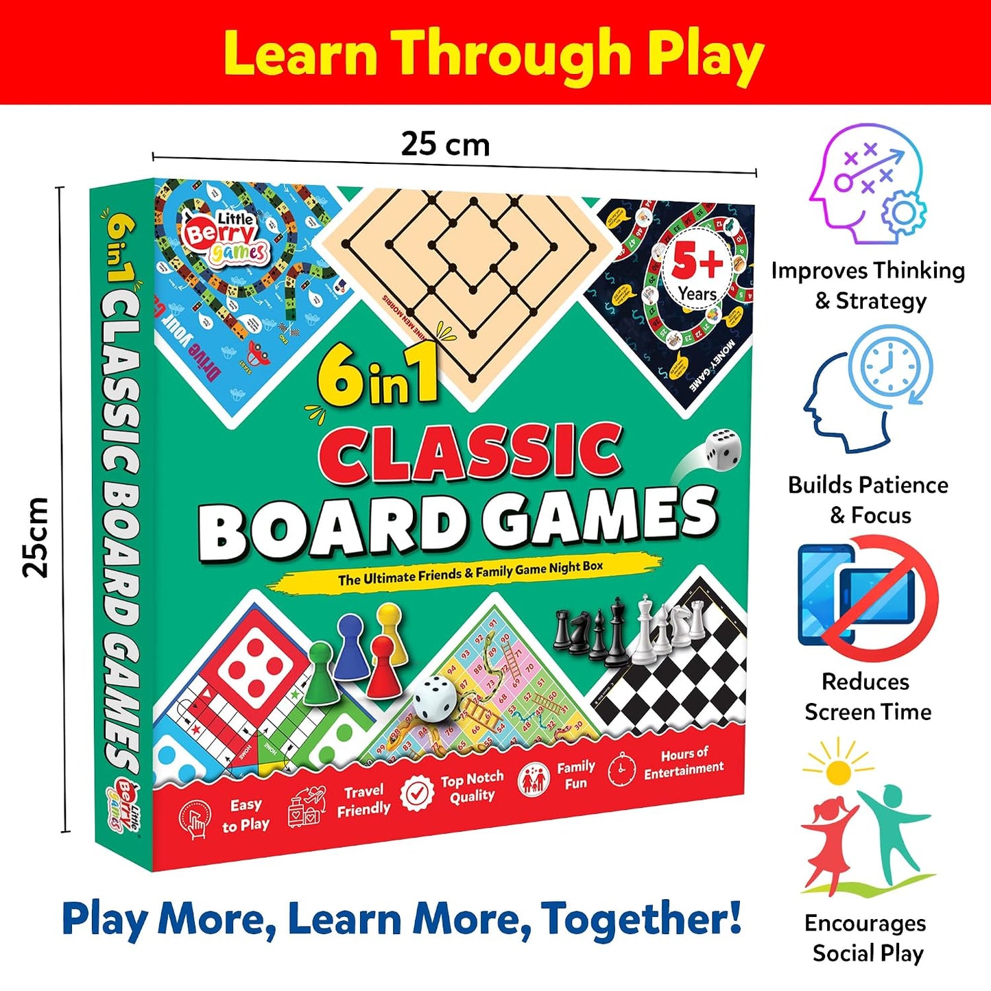 6 in 1 Classic Board Games Set for Kids & Family | Includes Ludo, Chess, Snakes & Ladders, Checkers & More | Indoor Strategy Games, Travel Friendly Game Kit for 5+ Years