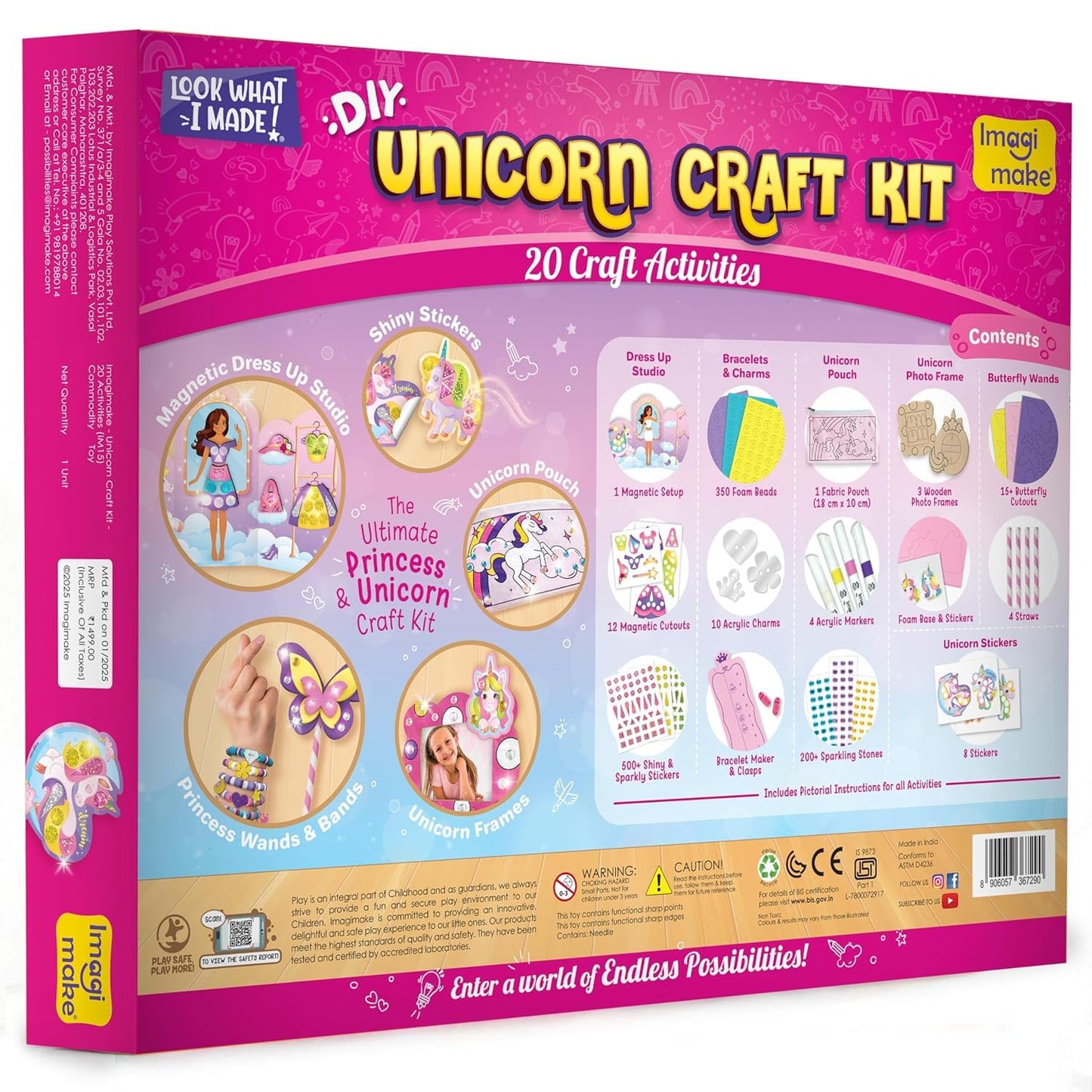 Imagimake Unicorn Craft Kit | Art & Craft Kit | Girls Age 5+ | 20+ activities across 5 crafts—magnetic dress-up, bracelets, photo frame, unicorn pouch & butterfly wands; 1000+ supplies