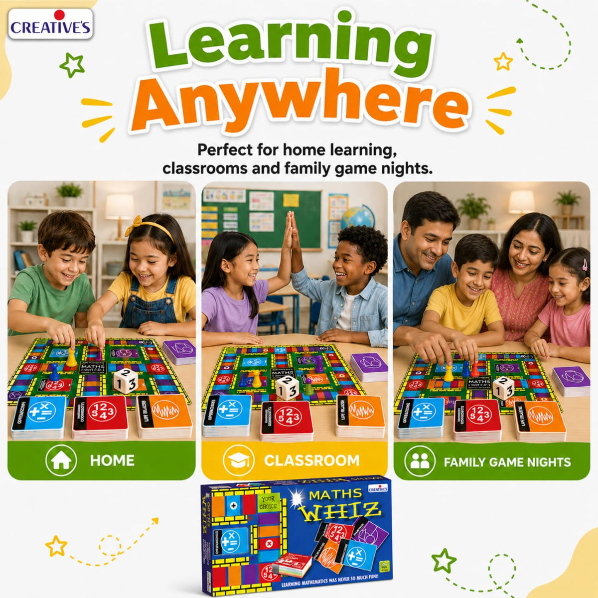 Creative's Maths Whiz Maths Board Game, 120 Q&A Cards, 4 Categories Number Concepts Operations Geometry Life Related Maths, 16 Home Cards 4 Pawns Dice, Educational Toys for Kids Ages 6+