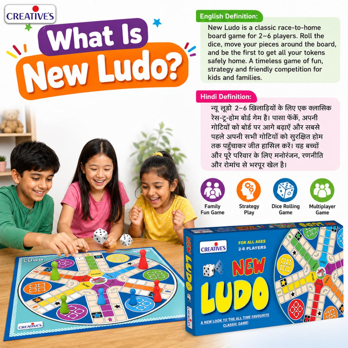 Creative's New Ludo, Board Game for Kids & Adults, Classic Family Board Game, Indoor Multiplayer Strategy, 2-6 Players, Educational Game for Family Game Night, Travel, Parties & Gatherings Ages 3+