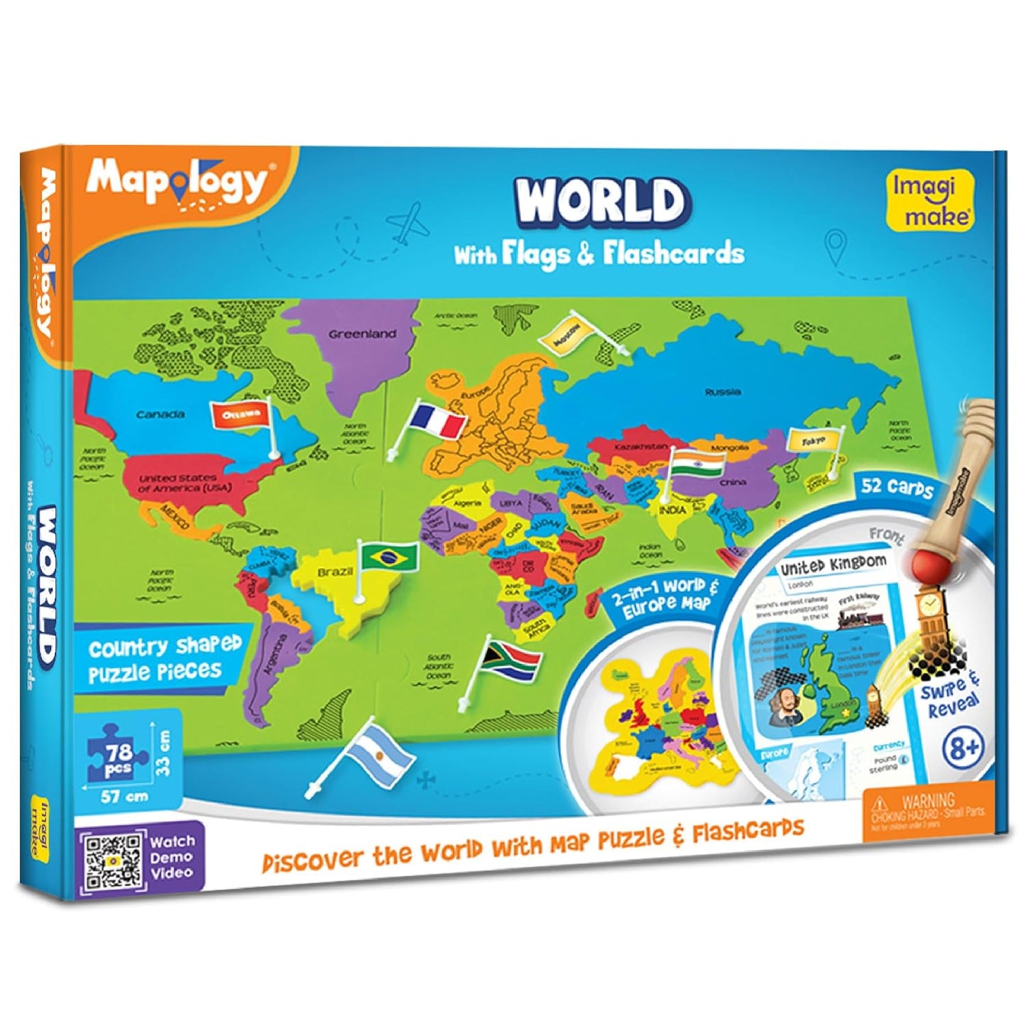 Imagimake Mapology World Flash Cards | Educational Toy Age 7+ | EVA foam World puzzle: 75 country pieces, 65 flags & stickers, 52 swipe & reveal cards & super swiper; master 200+ facts