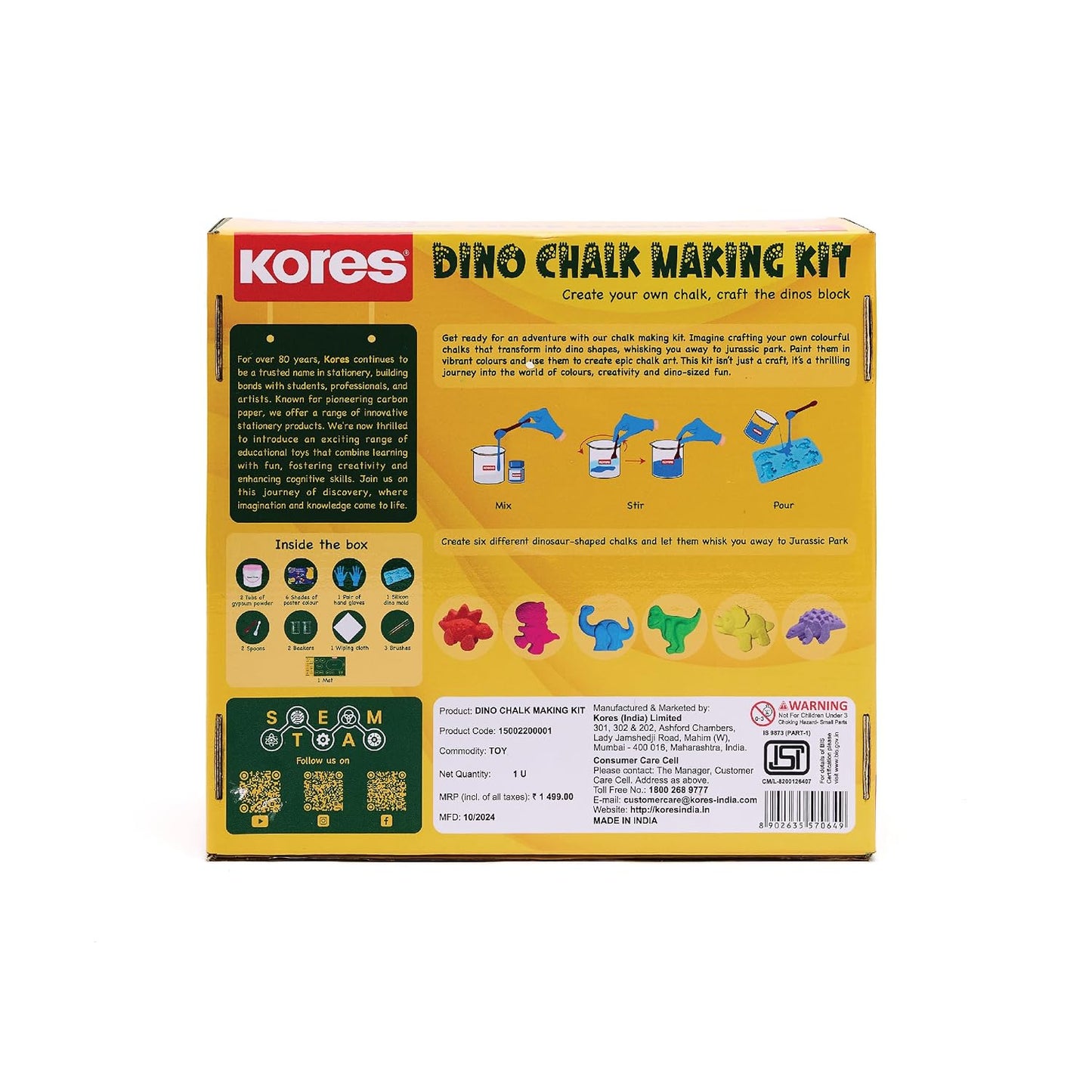 Kores Dino Chalk Making Kit | DIY Chalk Craft Set for Kids Age 5+ | Make 6 Colourful Dinosaur-Shaped Chalks | Fun Learning & Creative Activity | Safe, Non-Toxic STEM Toy for Boys & Girls