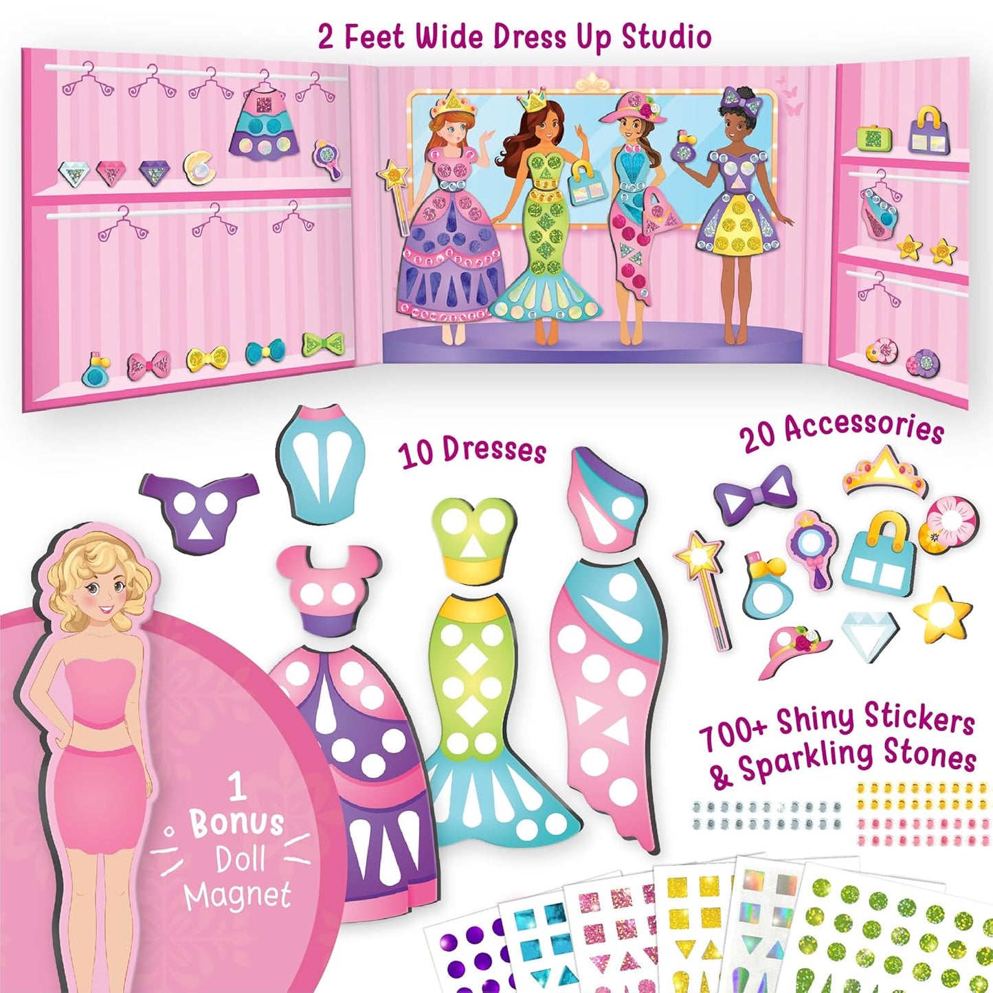 Imagimake DIY Magnetic Dress-Up Princess | Pretend Play for Girls Age 3+ | 10 dresses, 20 accessories, 700+ stickers & stones + bonus magnet doll & studio; mix, match & style endless princess outfits