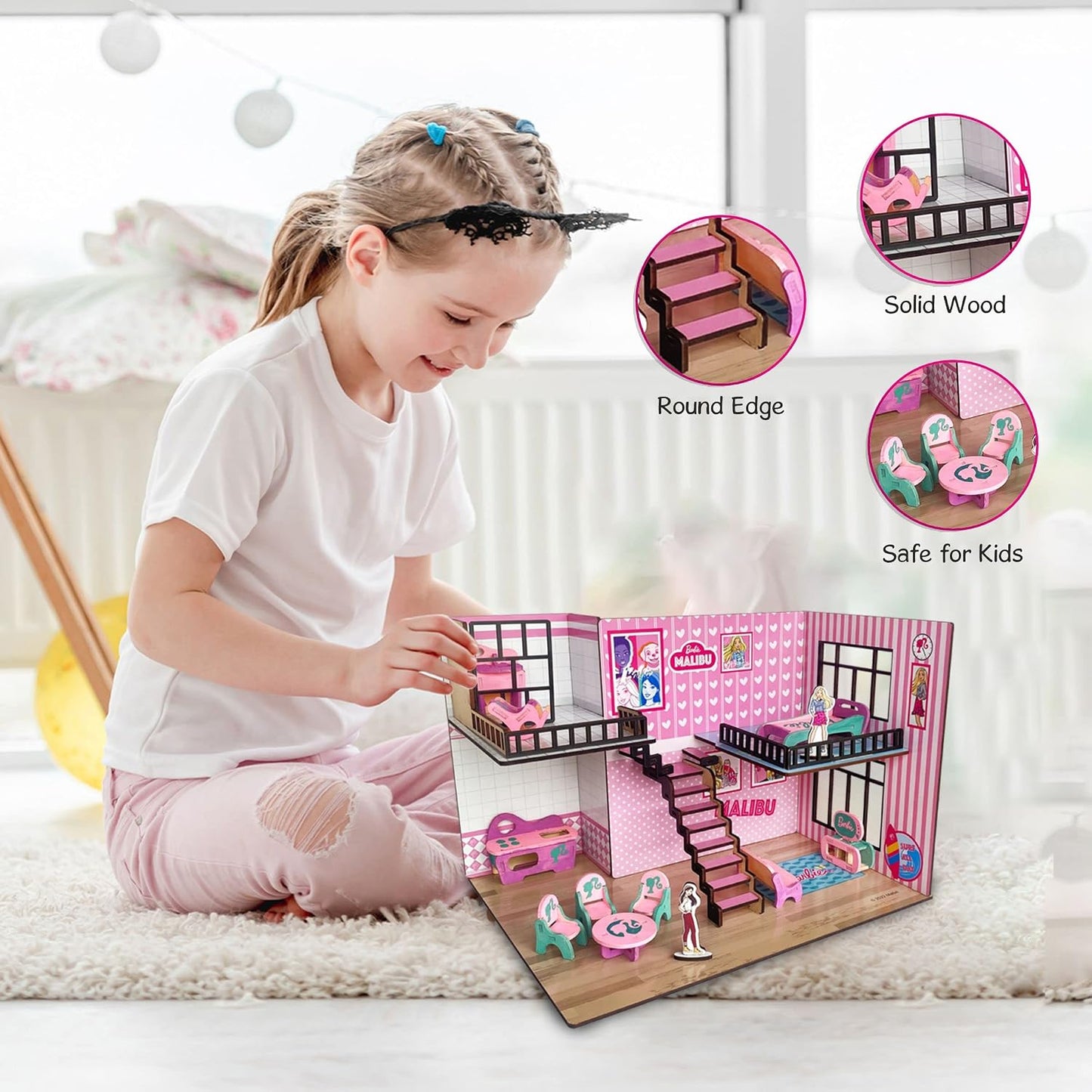 Barbie Malibu Doll House for Girls and Boys, DIY Paint Wooden Doll House Toy with Furniture for Kids