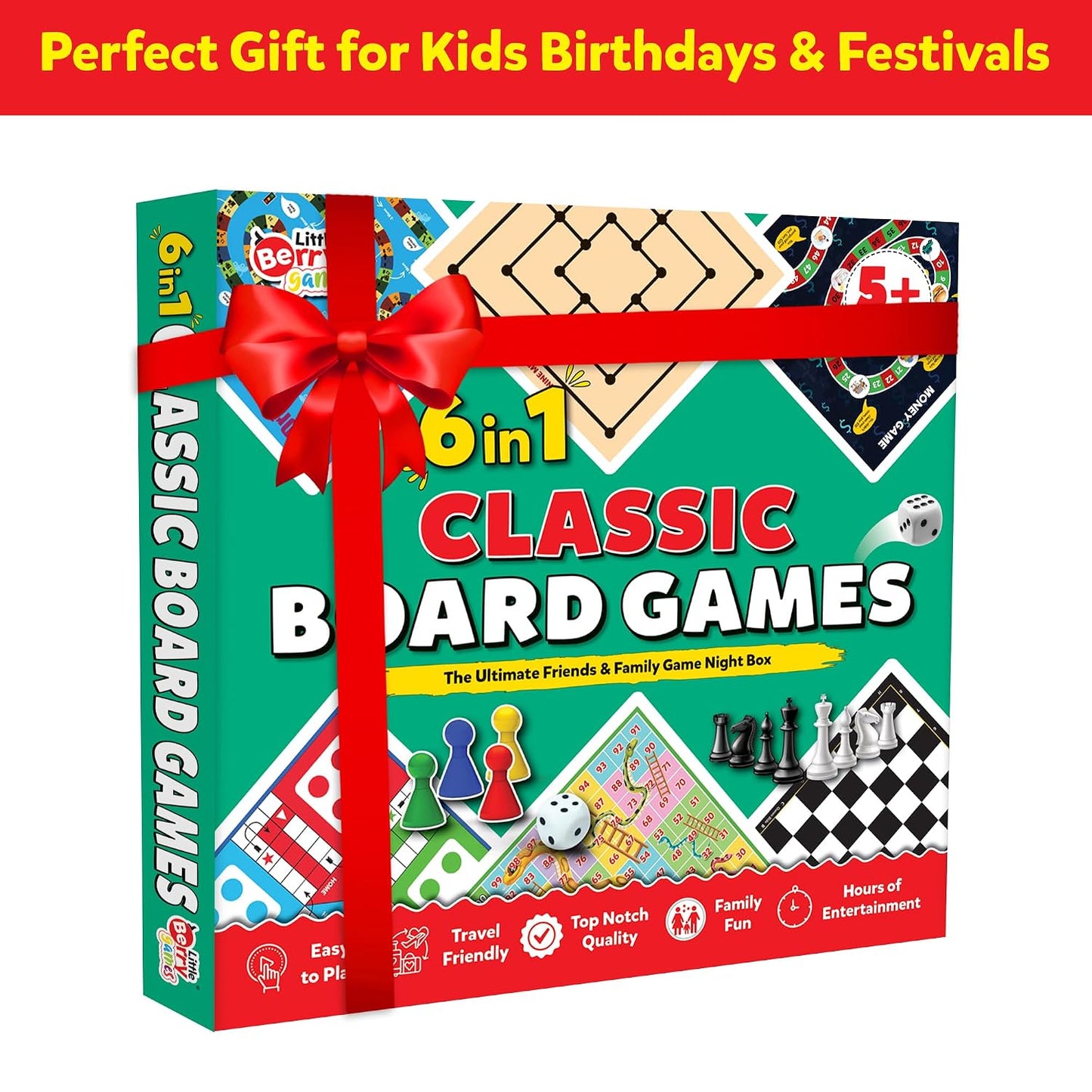6 in 1 Classic Board Games Set for Kids & Family | Includes Ludo, Chess, Snakes & Ladders, Checkers & More | Indoor Strategy Games, Travel Friendly Game Kit for 5+ Years