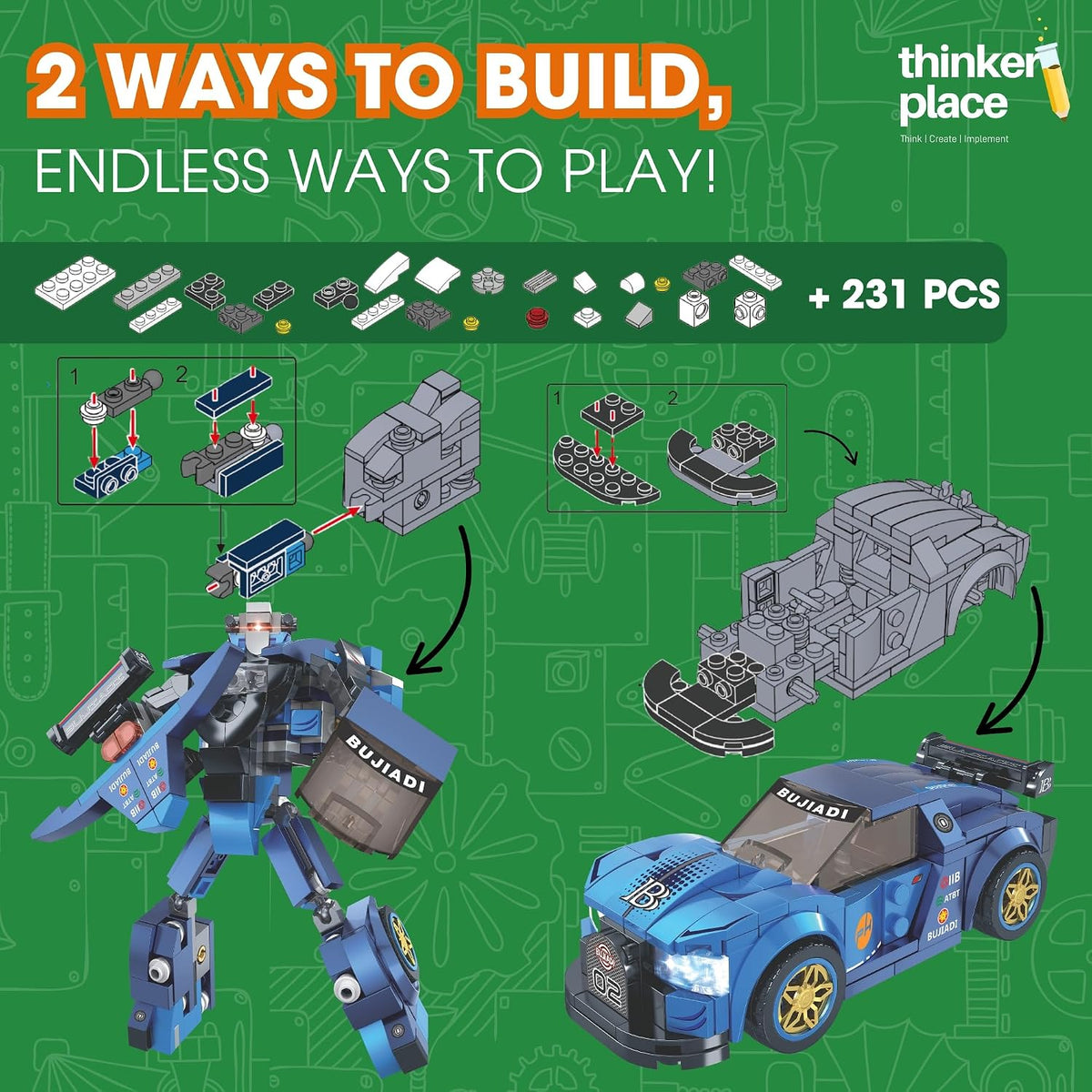 Midnight Thunder Blue 2-in-1 Robot & Sports Car (231 Pieces) | Learn About Machines | Building Block Set for Kids Age 6+ | STEM Educational Toy | Build, Play & Learn