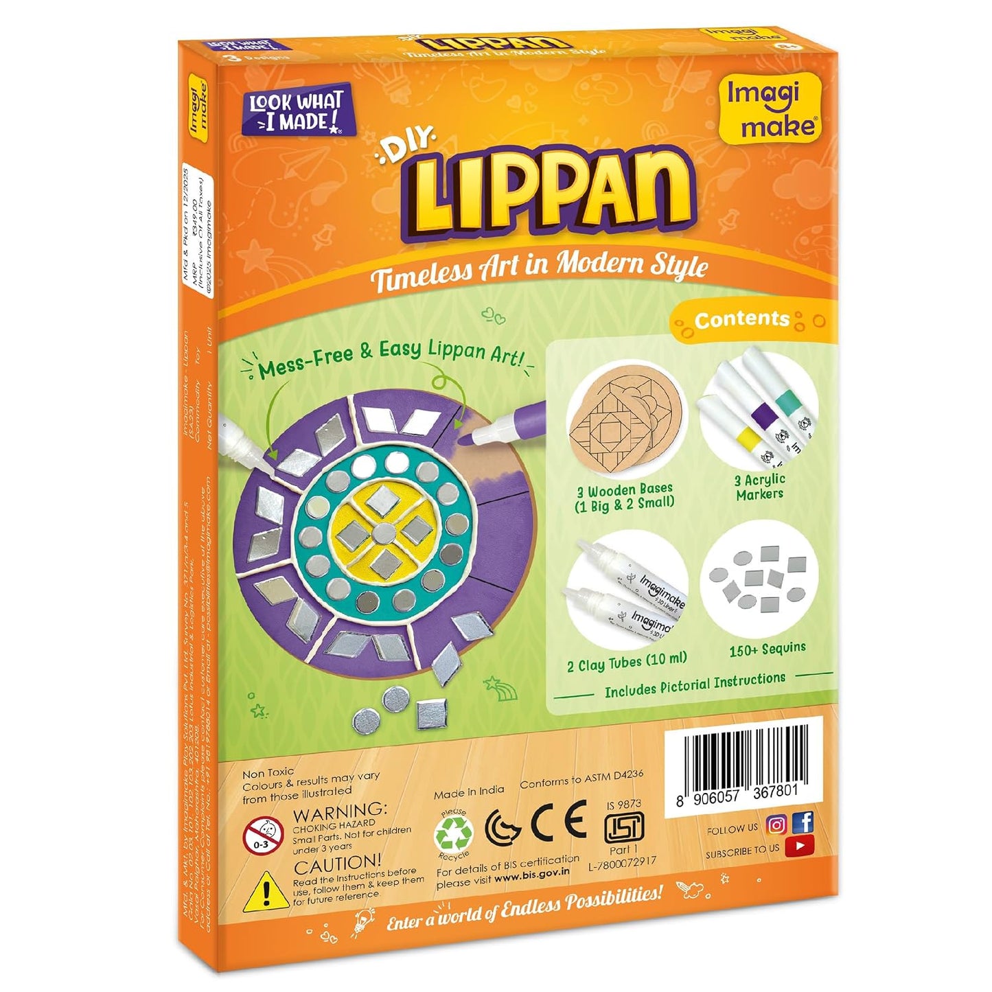 Imagimake DIY Lippan Art Kit | Art & Craft Kit for Girls Age 8+ | Lippan art kit: 3 wooden bases, 3 acrylic markers, 150+ sequins & 2 clay tubes; mirrorwork, clay & colour; girls 9-12