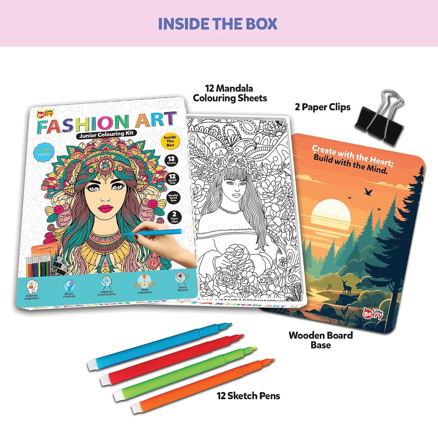 Little Berry DIY Fashon Mandala Art Kit for Girls 9-12 Years | Art & Craft Kit for Girls | Colouring and Painting Set for Kids with 12 Mandala Designs and Sketch Pens | Gift Set for Kids Age 9+