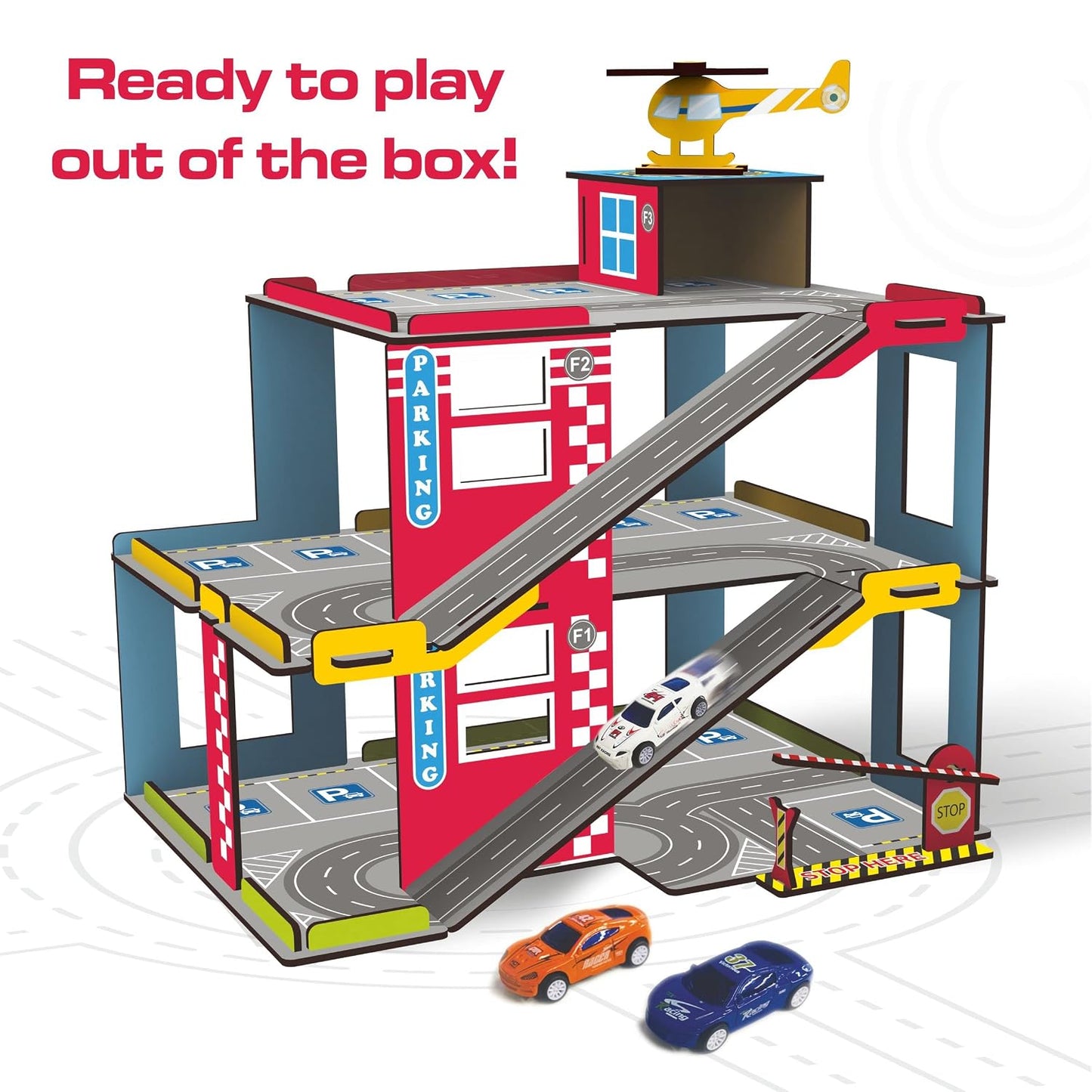 Webby Multilevel Parking Garage Playset with 3 Pullback Metal Cars, Parking Gate, Sign Boards and Helicopter for Boys and Girls