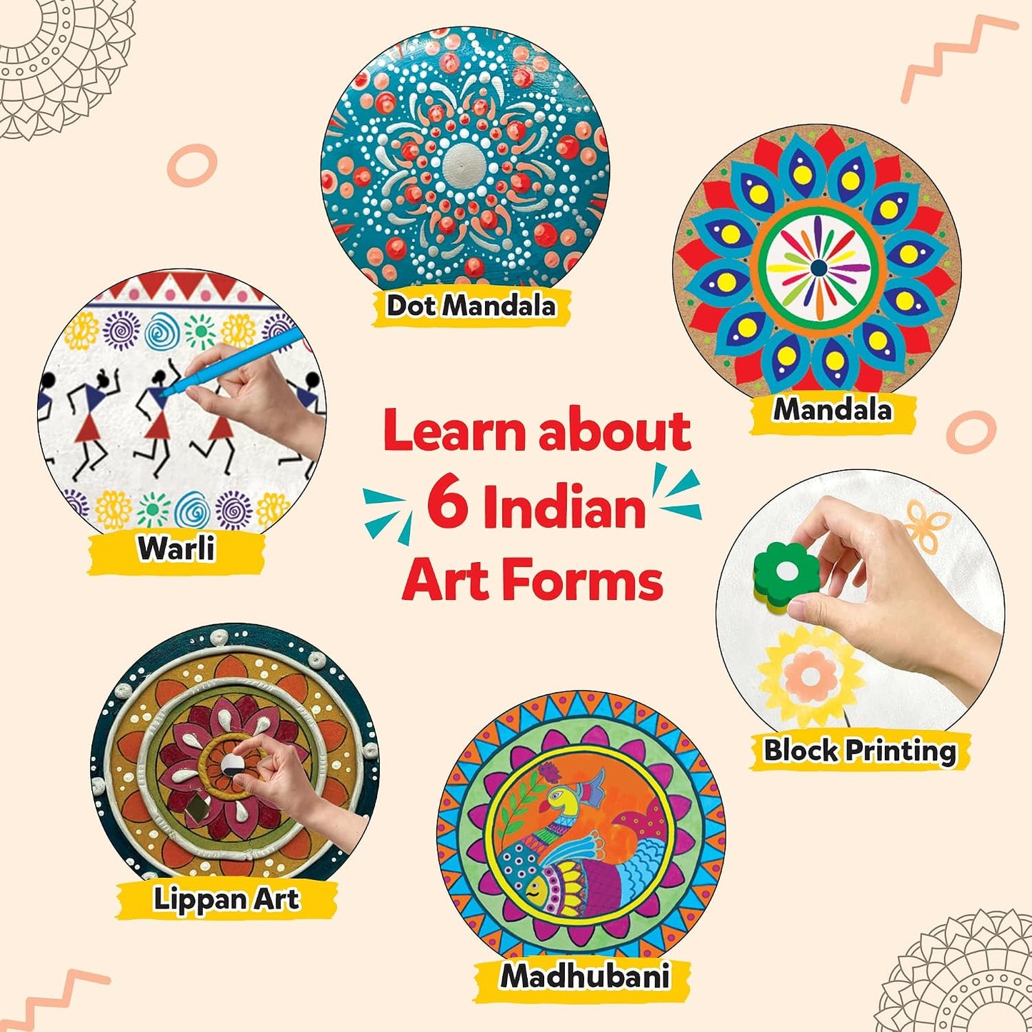 Little Berry Indian Art Forms Kits | Paper, Wood Ultimate 6 in 1 DIY Art & Craft Kit for Kids | Create 20+ Projects | Learn Lippan, Warli, Block Printing, Mandala & Madhubani Painting Kit | DIY Toys