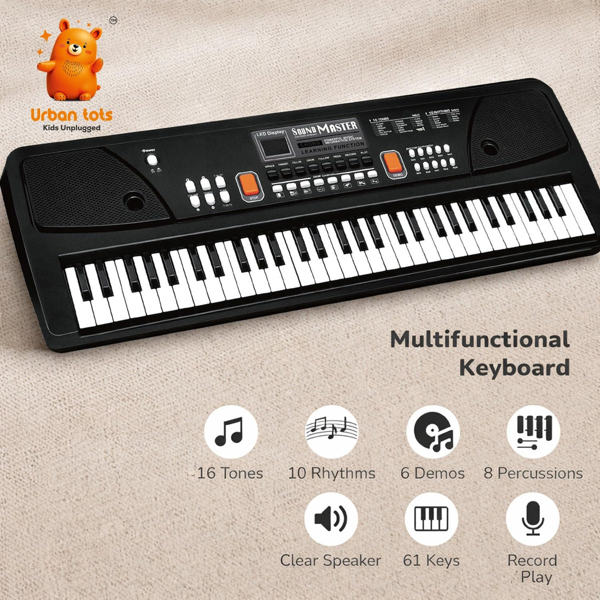 Urban Tots Kids Keyboard Piano with Mic & LCD | 61 Keys Musical Toy with Rhythms, Songs, Recording & Headphone Jack | USB & Battery Operated | Learning Piano for Kids Age 3+ (Big Piano Black)
