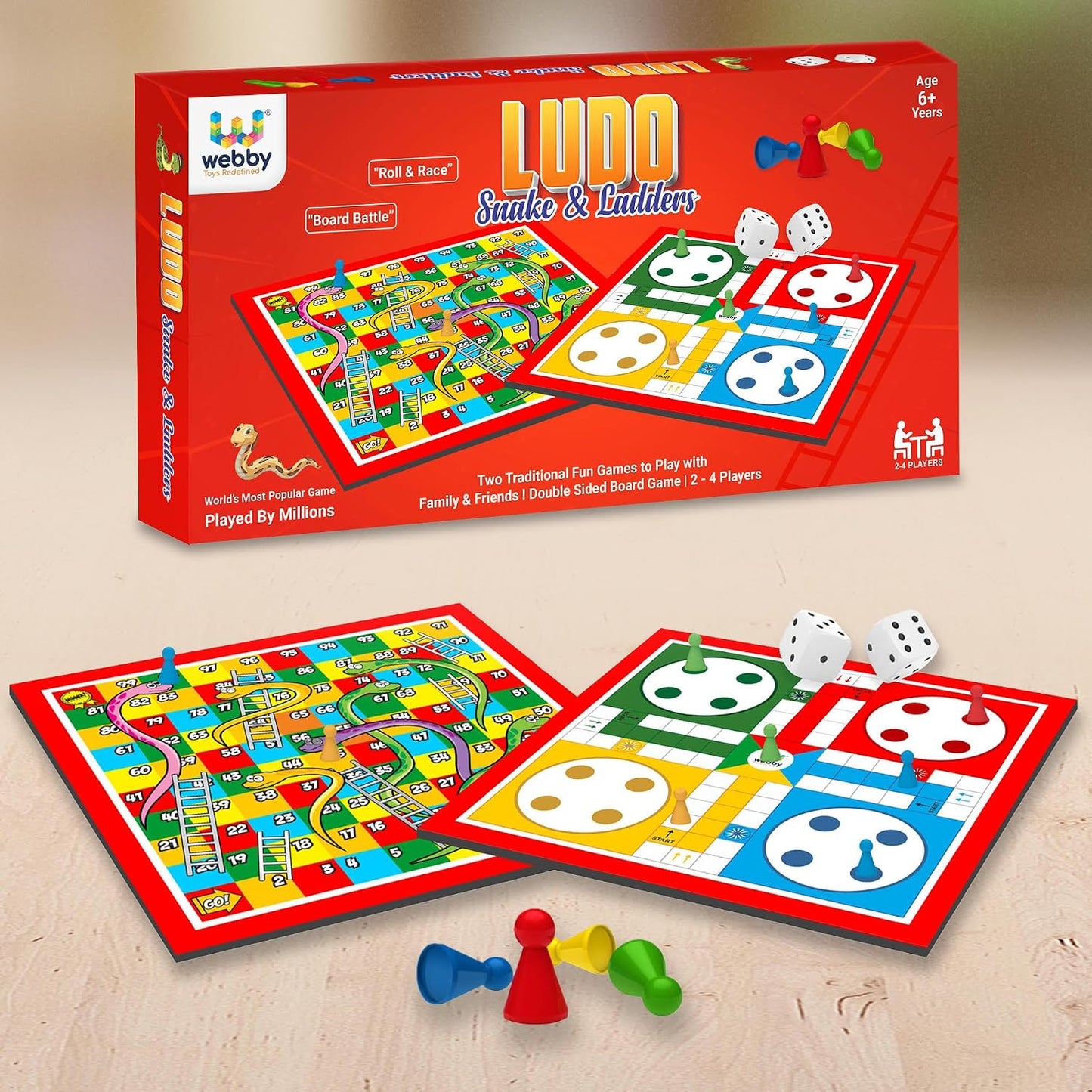 Webby Ludo with Snake and Ladders Double Sided Board Game | Portable Travel Set | Traditional Fun Family Game for Kids and Adults