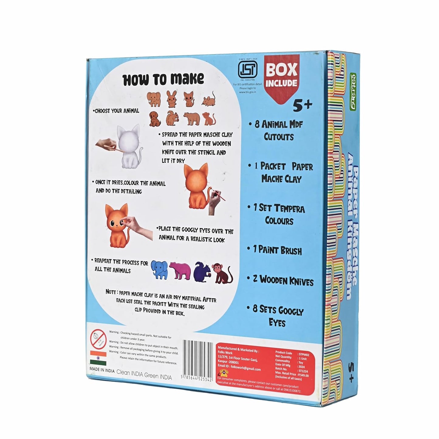 FOLKS WORK Satrang Paper Mache Animal Kingdom, DIY Craft Kit for Kids 5+, 8 Animals with Paint Set and Accessories