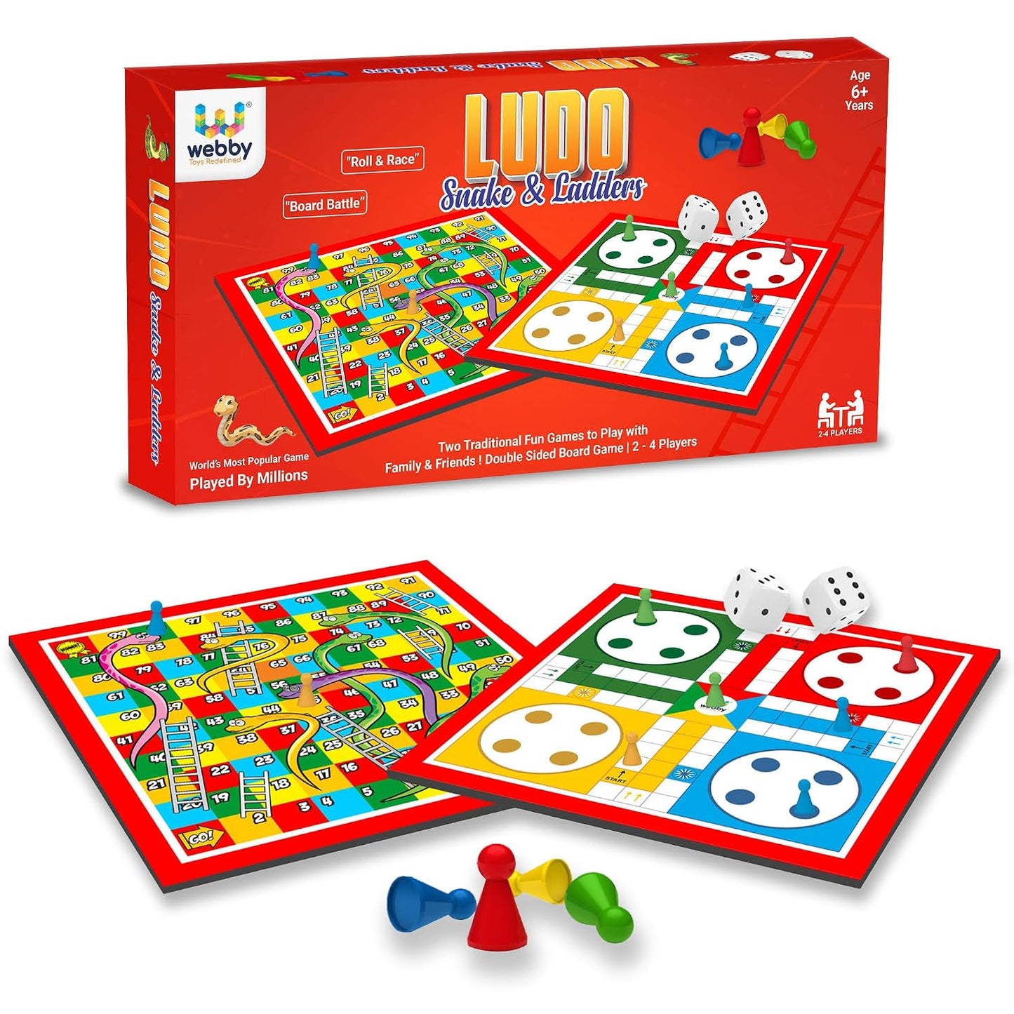 Webby Ludo with Snake and Ladders Double Sided Board Game | Portable Travel Set | Traditional Fun Family Game for Kids and Adults