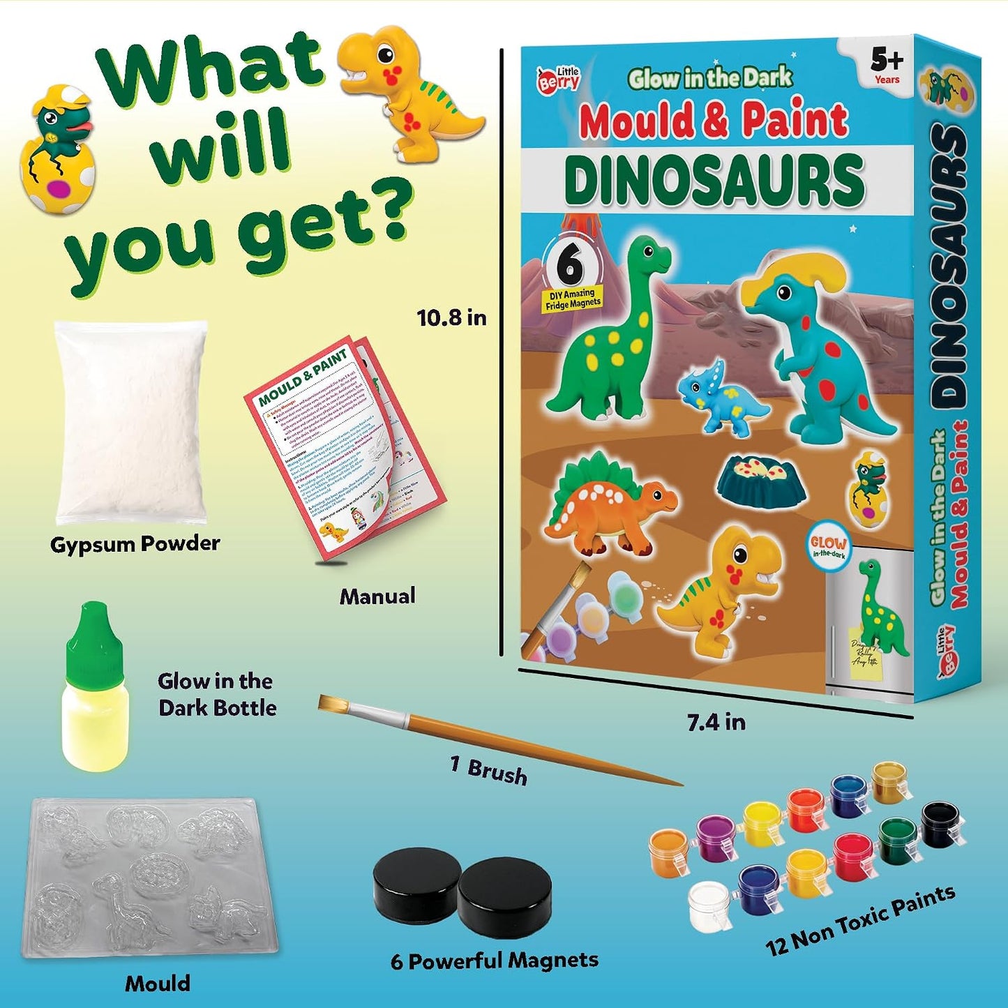 Little Berry DIY Mould and Paint Kit for Kids: Dinosaurs Craft Kit | Make 6 Glow in The Dark Fridge Magnets | Painting Art & Craft Set for Girls & Boys 3-10 Years | DIY Kit for Kids | Gifting Toys