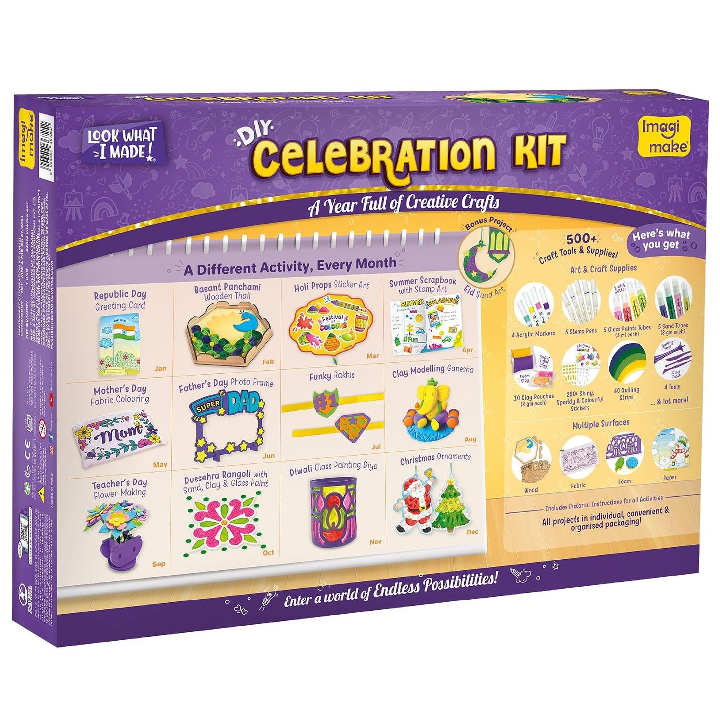Imagimake Celebration Kit | 13 Craft Projects |Art & Craft Kit |Kids Age 5+ | 13 festival craft projects, one a month—Holi, Rakhi, Diwali & more; 500+ supplies across 8 craft skills; mess-free