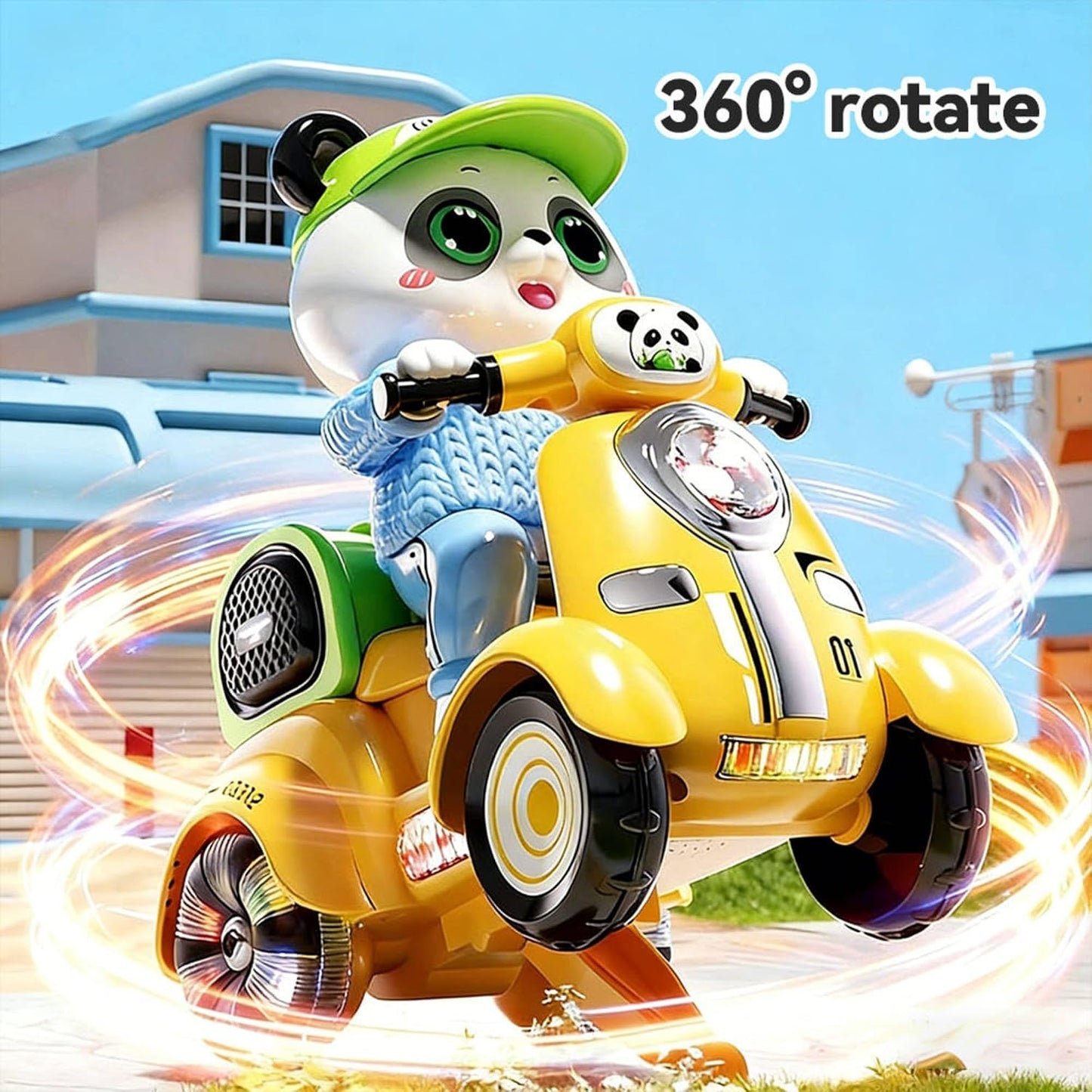 SHAKTISM Panda Musical Stunt Scooter Toy for Kids with Music, Flash Light & 360° Rotation | Battery Operated Musical Panda Scooter Toy with Universal Wheel Action | Fun Toy for Boys & Girls Age 3+
