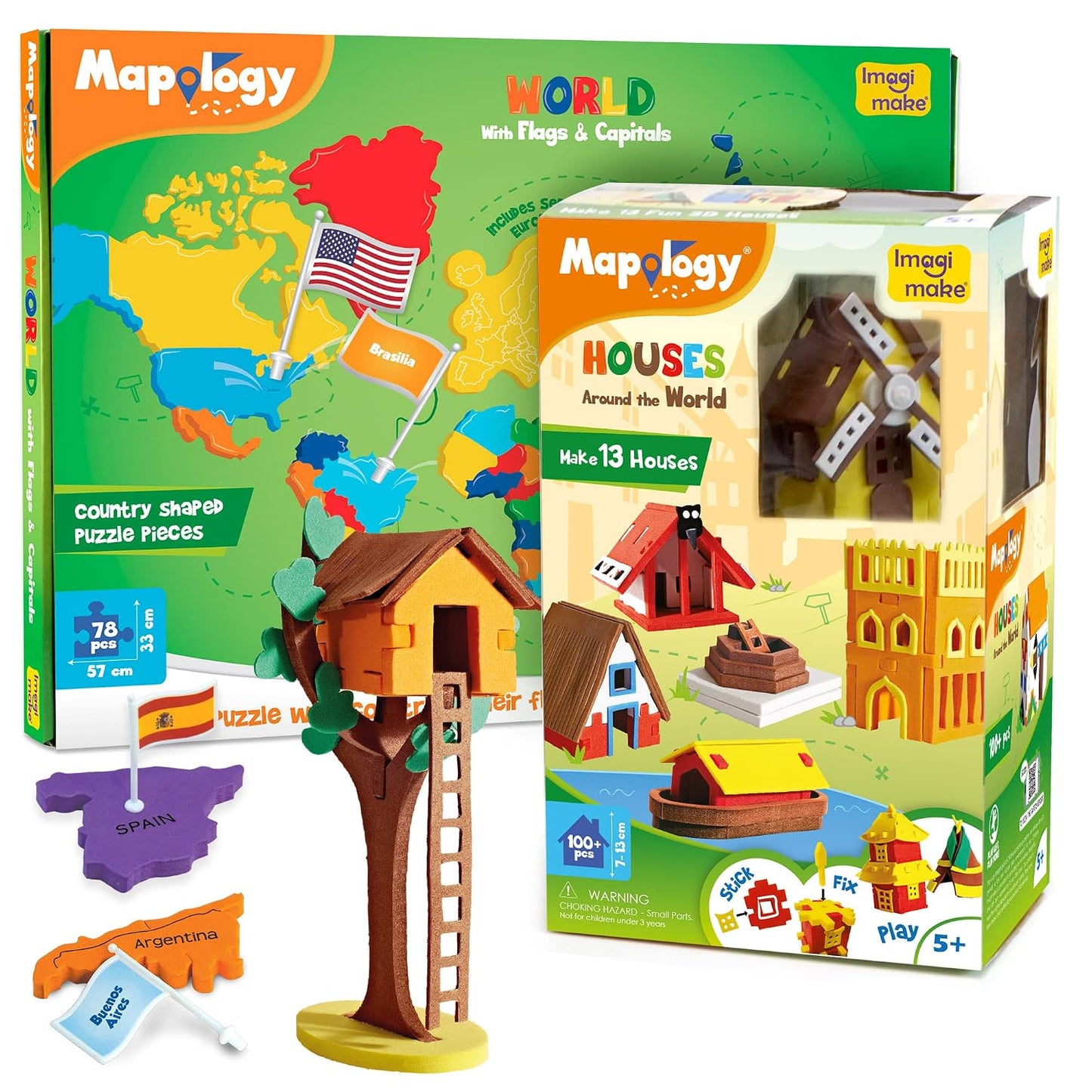 Imagimake Mapology - World Map Puzzle with Flags & Capitals, Make Miniature Models of Houses Around The World, Educational Toy - Puzzles for Kids for Age 5 Years+, Best Gift for Boys & Girls