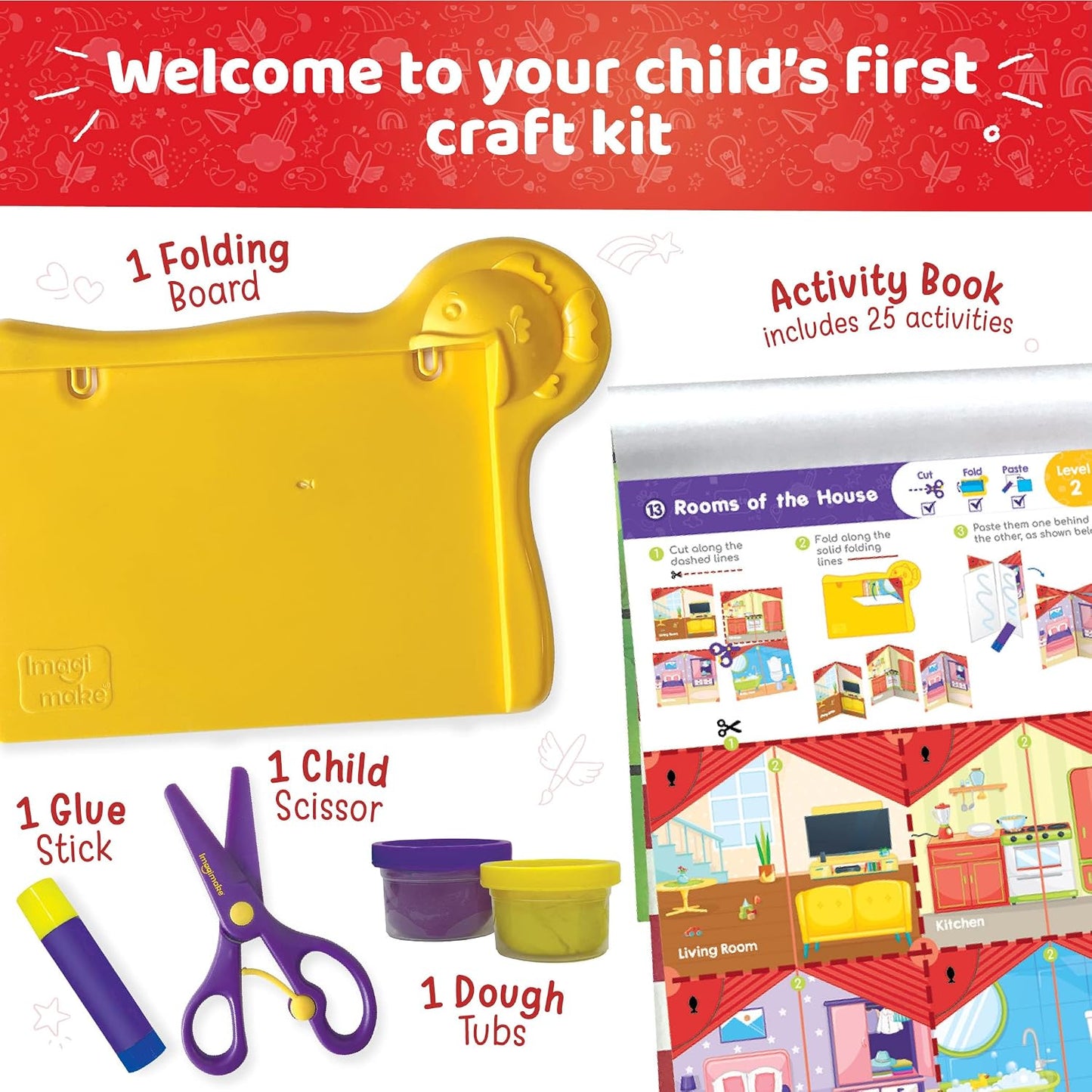 Imagimake My First Craft Kit | Art & Craft Kit | Kids Age 3+ | My first craft kit: 25 activities with child-safe scissor, reusable dough, folding board & glue; learn to cut, fold & paste