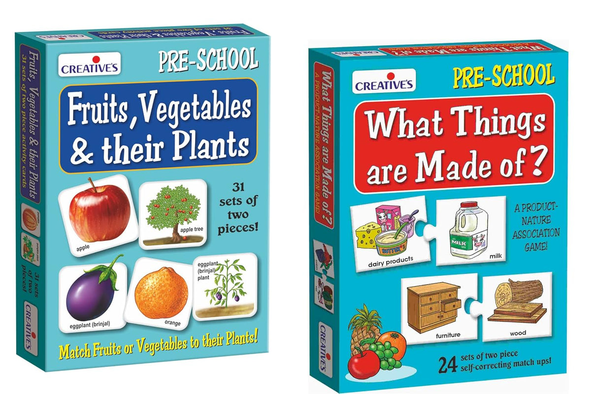 Creative's Fruits, Vegetables & Their Plants + What Things are Made of Combo Pack - Pre-School Learning Game - Educational Game for Kids - Puzzles & Card Games Pack of 2 - Ages 3 & Up