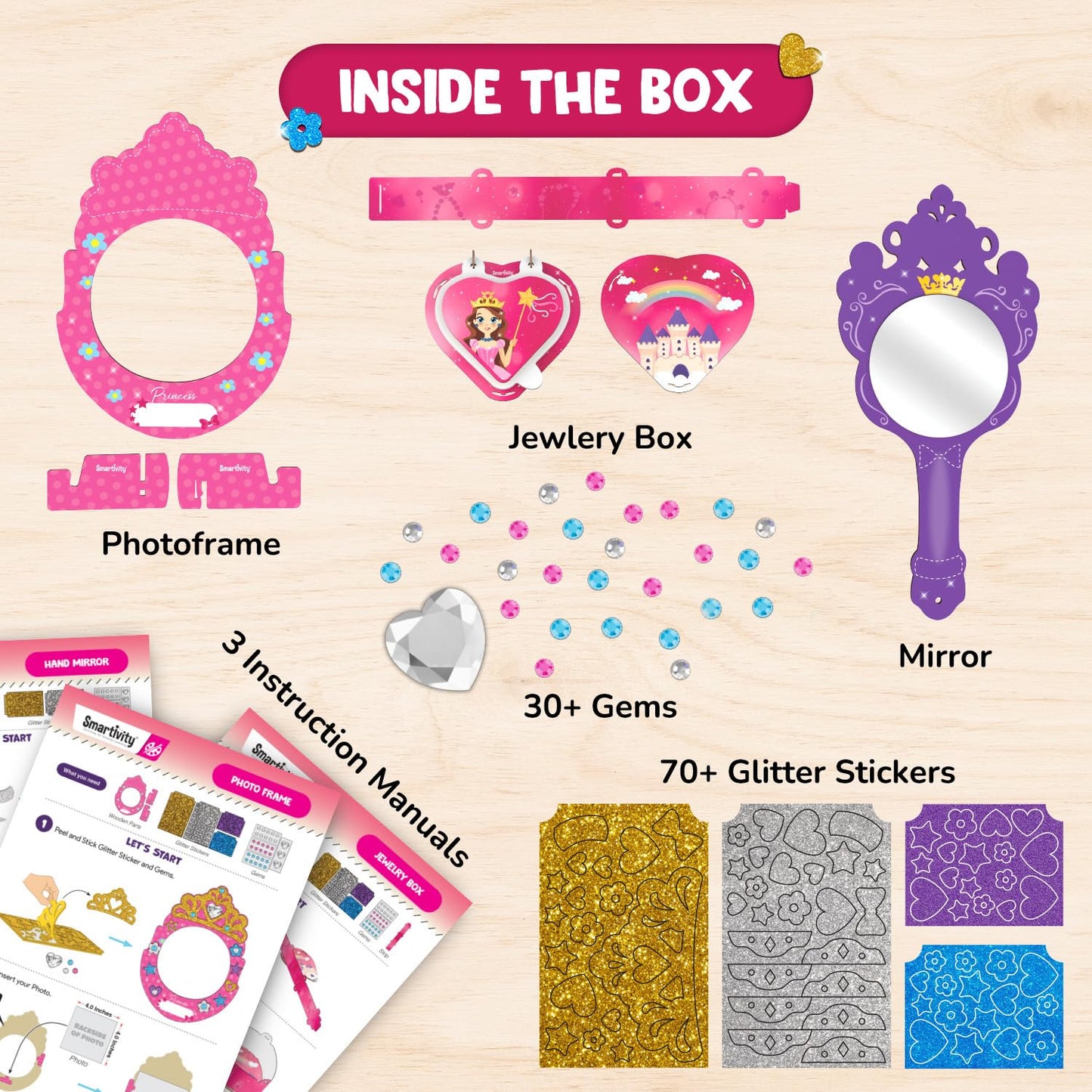 Smartivity Little Princess Craft Box for Girls 4-8 Years | DIY Jewellery Box, Mirror & Frame with Gems & Glitter | Craft Activity Set | Birthday Gift for Kids