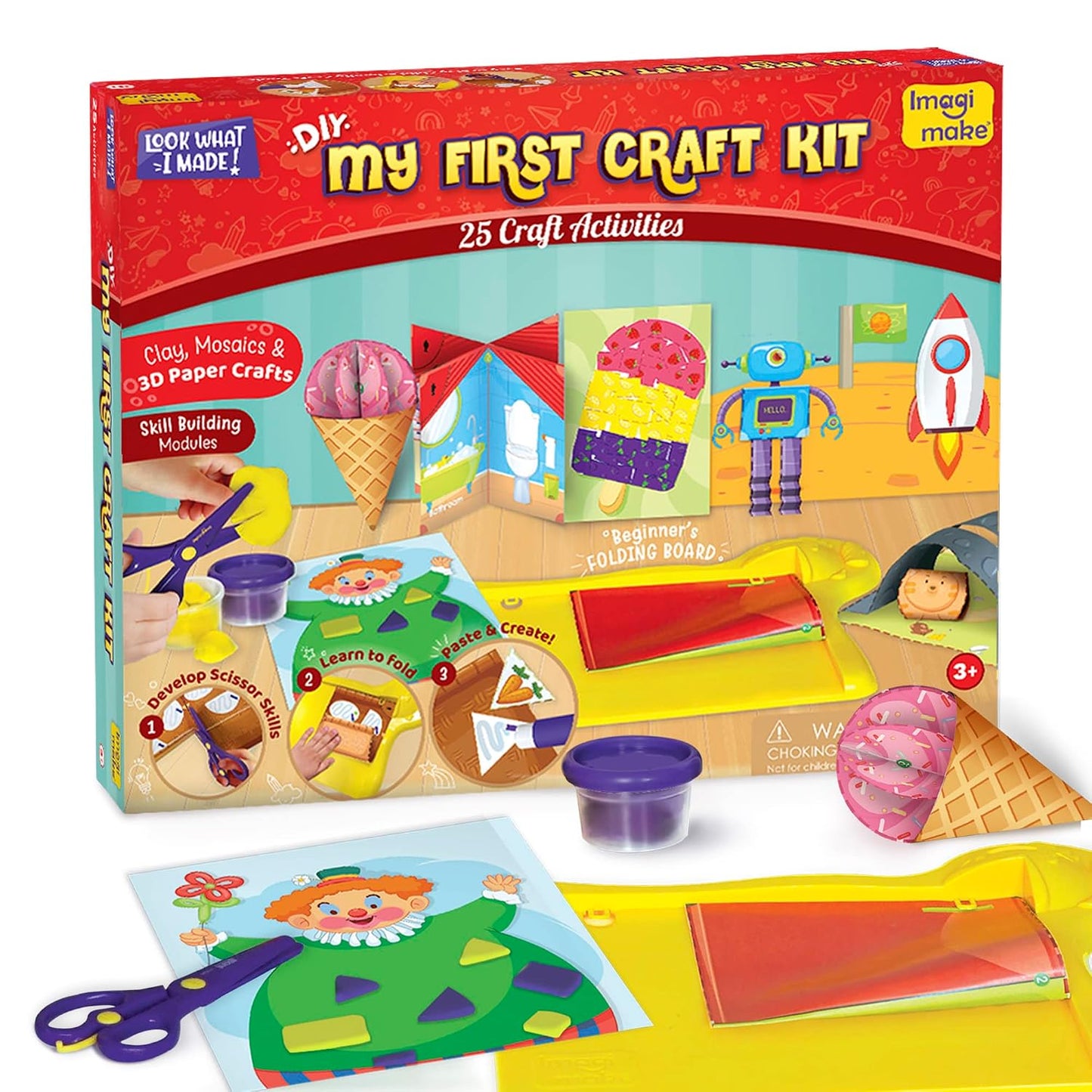 Imagimake My First Craft Kit | Art & Craft Kit | Kids Age 3+ | My first craft kit: 25 activities with child-safe scissor, reusable dough, folding board & glue; learn to cut, fold & paste
