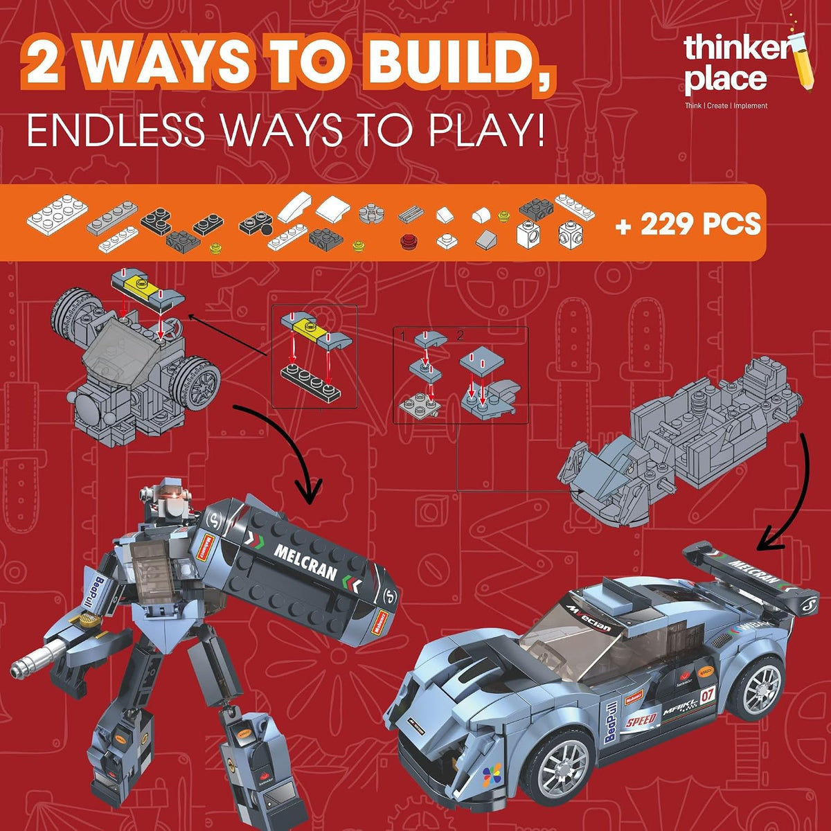 Cobalt Racer 2-in-1 Robot & Sports Car (229 Pieces) | Learn About Machines | Building Block Set for Kids Age 6+ | STEM Educational Toy | Build, Play & Learn | Science & Learning Toy