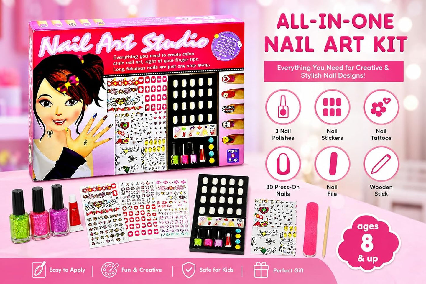 Nail Art Studio Kit for Girls | DIY Nail Polish Set with Artificial Nails, Nail Stickers, Glitter, Nail Tattoos & Decorative Accessories | Beauty Salon Pretend Play Gift Toy for Kids Age 8+