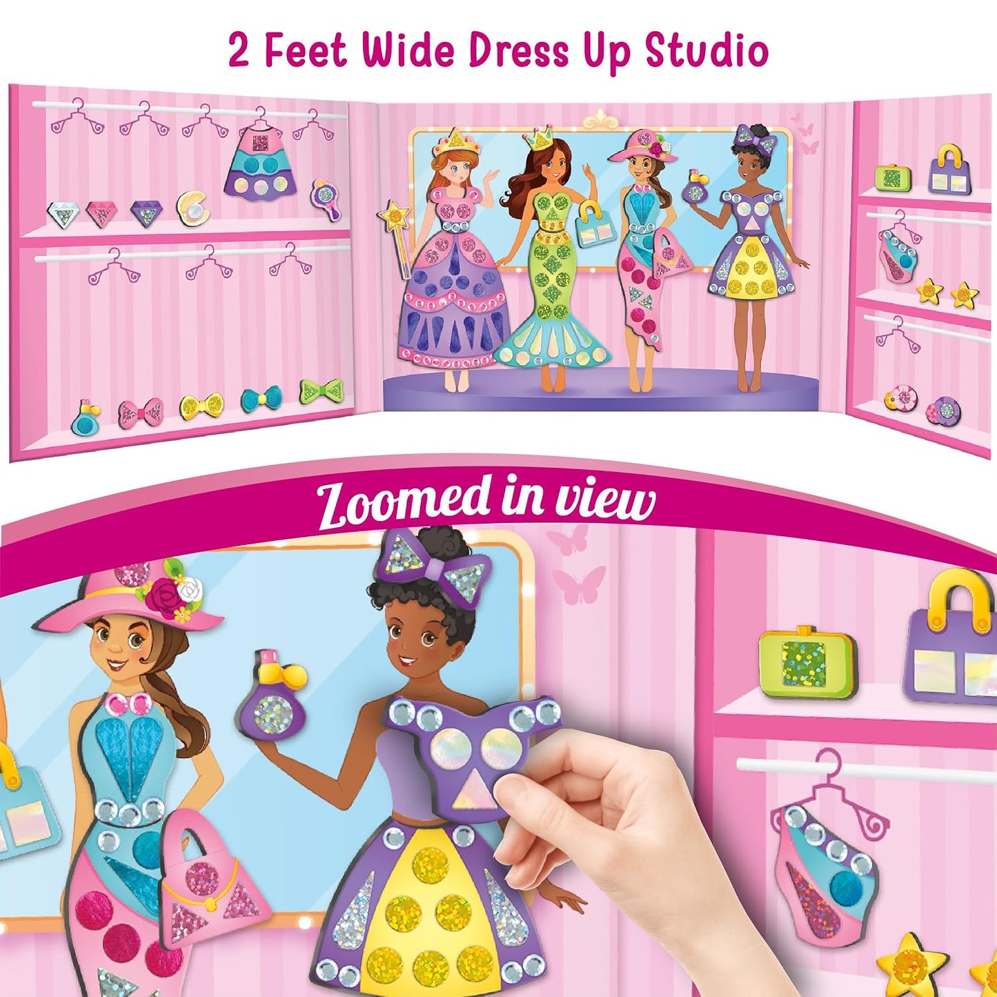 Imagimake DIY Magnetic Dress-Up Princess | Pretend Play for Girls Age 3+ | 10 dresses, 20 accessories, 700+ stickers & stones + bonus magnet doll & studio; mix, match & style endless princess outfits