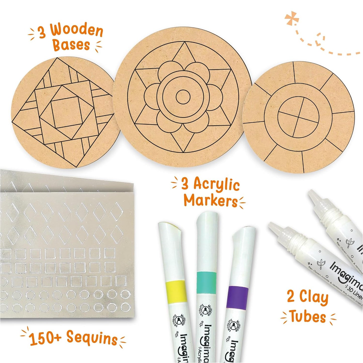 Imagimake DIY Lippan Art Kit | Art & Craft Kit for Girls Age 8+ | Lippan art kit: 3 wooden bases, 3 acrylic markers, 150+ sequins & 2 clay tubes; mirrorwork, clay & colour; girls 9-12