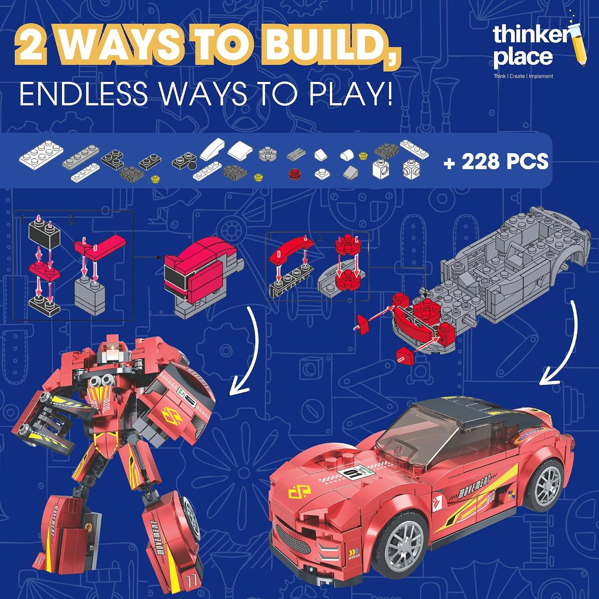 Racing Fury Red 2-in-1 Robot & Sports Car (228 Pieces) | Learn About Machines | Building Block Set for Kids Age 6+ | STEM Educational Toy | Build, Play & Learn | Science & Learning Toy