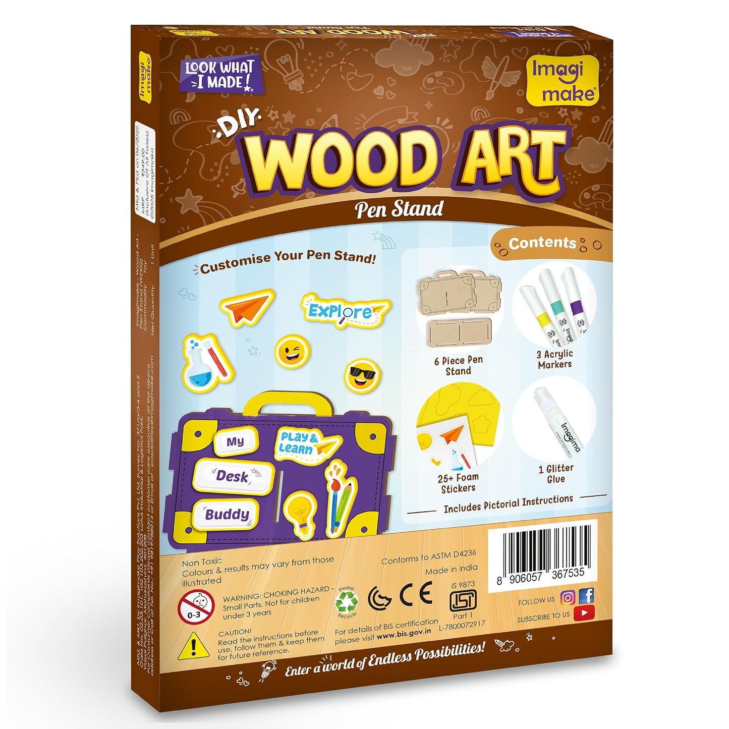 Imagimake DIY Wood Art Pen Stand | Make Customized Wooden Pen Stand | Colouring & Painting DIY Kit | Birthday Gift for Kids Age 5,6,7,8 | Art & Craft Kit for 6 Year Old Kids