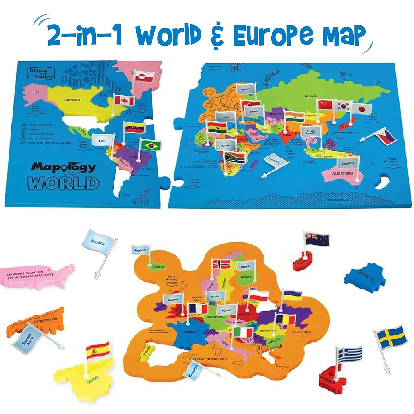 Imagimake Mapology World Flash Cards | Educational Toy Age 7+ | EVA foam World puzzle: 75 country pieces, 65 flags & stickers, 52 swipe & reveal cards & super swiper; master 200+ facts