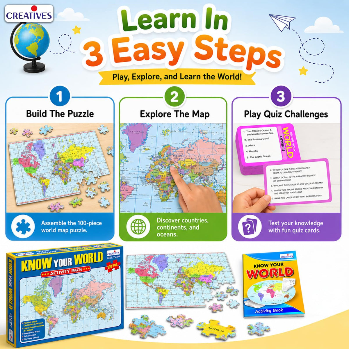 Creative's Know Your World Activity Pack, World Map 100 Piece Jigsaw Puzzles, Countries, Capitals, Continents & Oceans Learning Game, Educational Geography Quiz Games, for Kids Age 7+