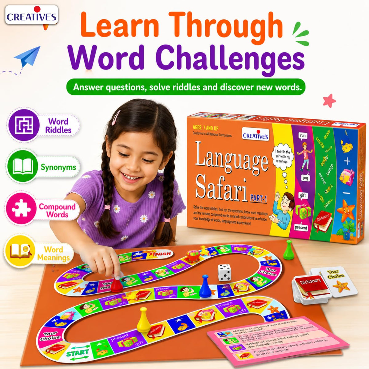 Creative's Language Safari Part-1, Vocabulary Educational Board Games, Word Meanings Synonyms, Compound Words Riddles, 90 Cards 720 Questions, Educational English Language Skills, Ages 7+