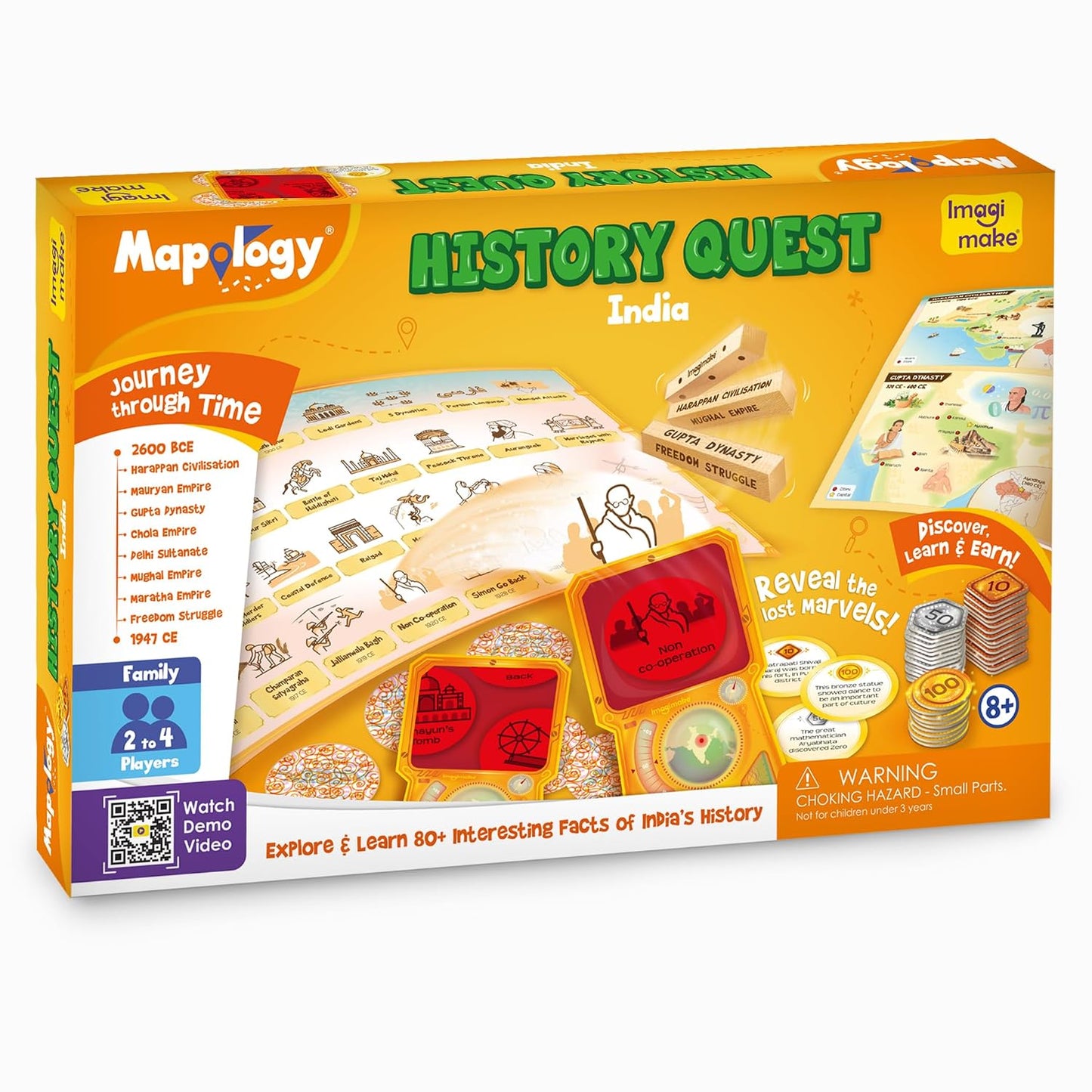 Imagimake Mapology History Quest India | Educational Board Game | Age 8+ | History board game: 84 artefact tokens, 4 discovery lenses, 3 dice & 90 coins; explore 8 eras of Indian history & 80+ facts