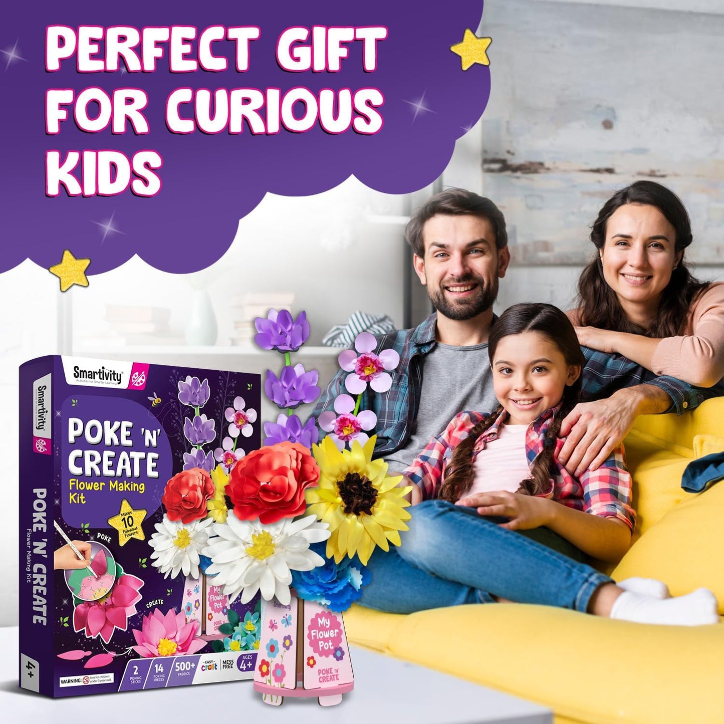 Smartivity Art & Craft Kit - Poke Art Flower Making Kit for Kids Ages 4, 5, 6, 7, 8, 9, 10 Years Old, Create 8 Beautiful Flowers with Pot, Creative Birthday Gift for Girls & Boys, DIY Fun Activity Kit